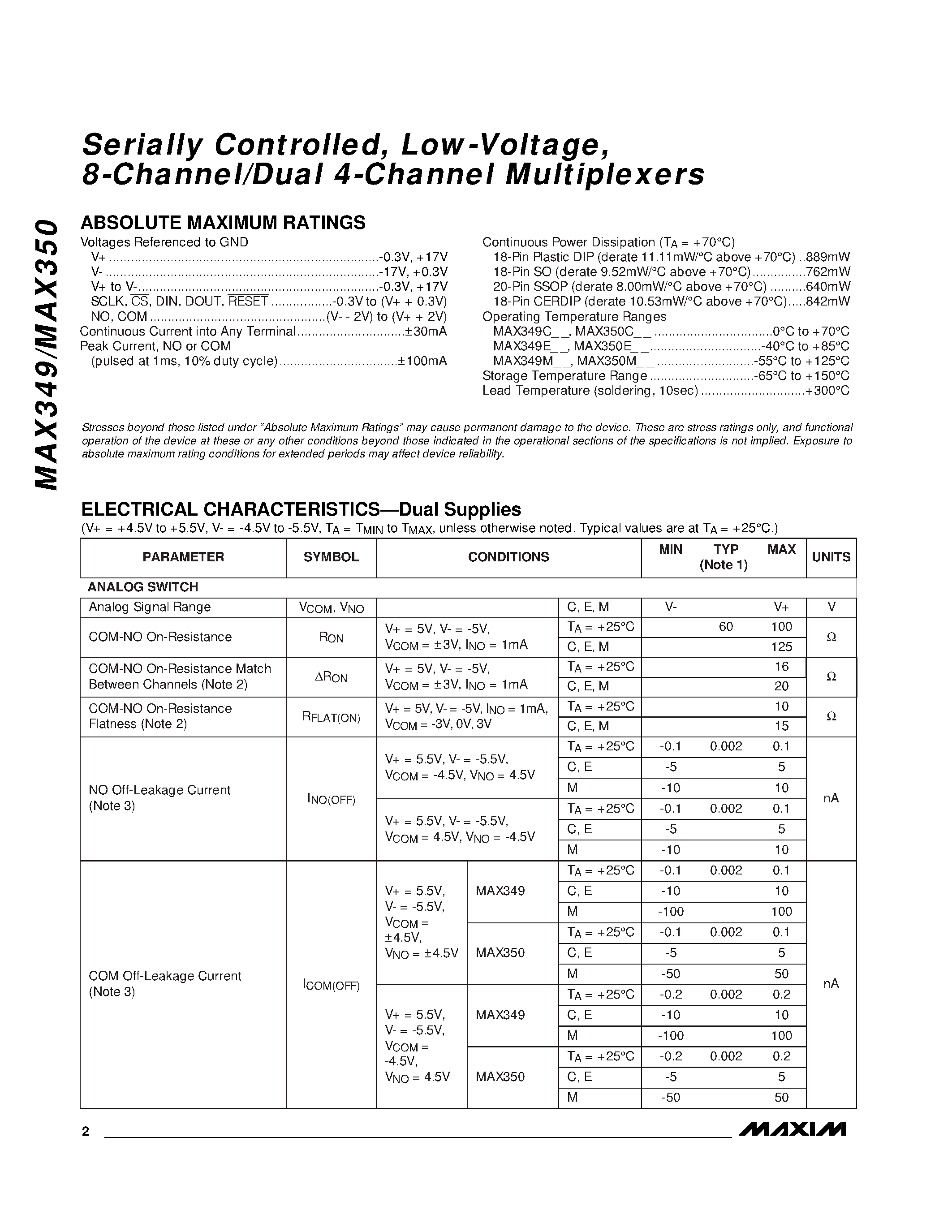Datasheet MAX349 - Serially Controlled / Low-Voltage / 8-Channel/Dual 4-Channel Multiplexers page 2