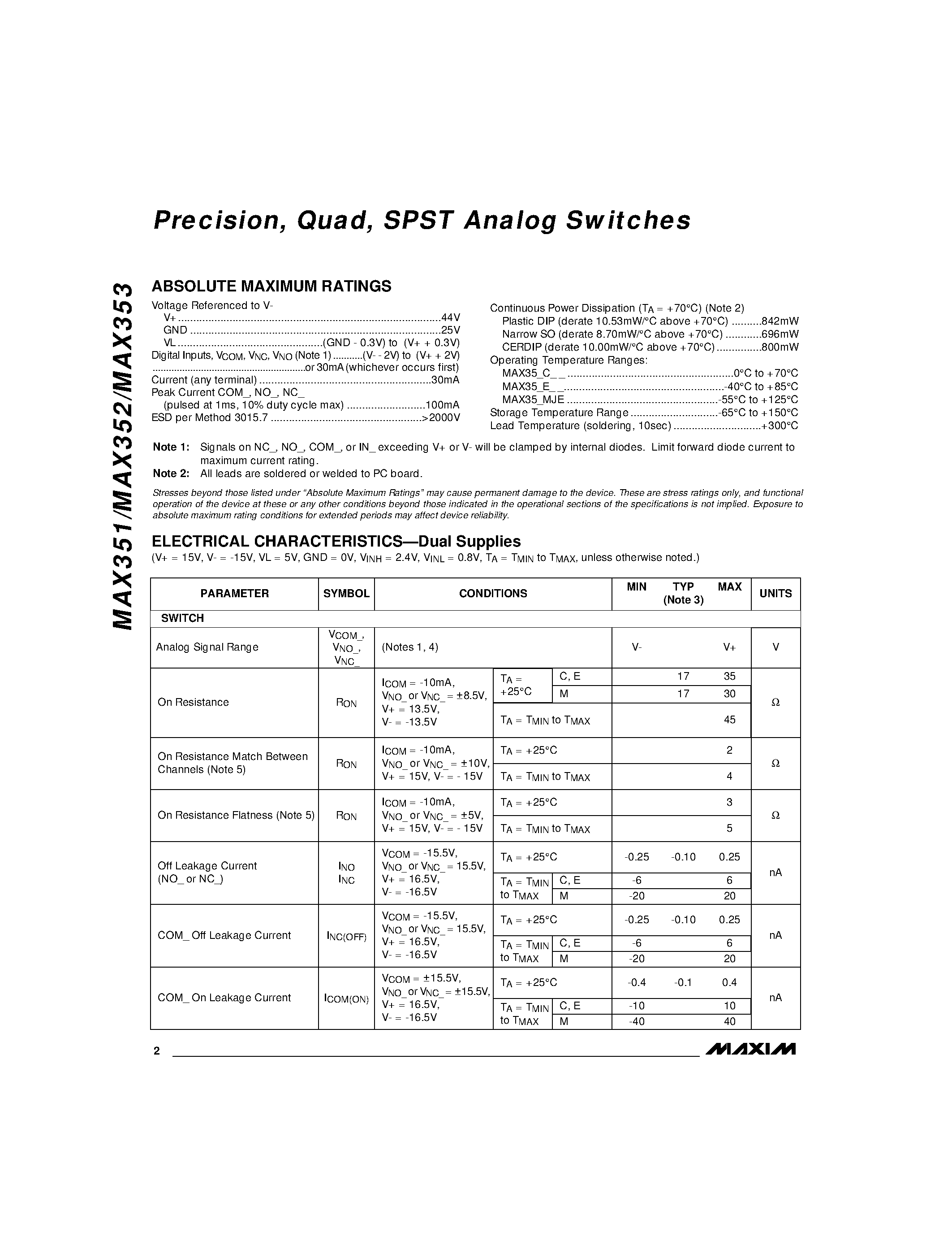 Datasheet MAX352 - Precision / Quad / SPST Analog Switches page 2