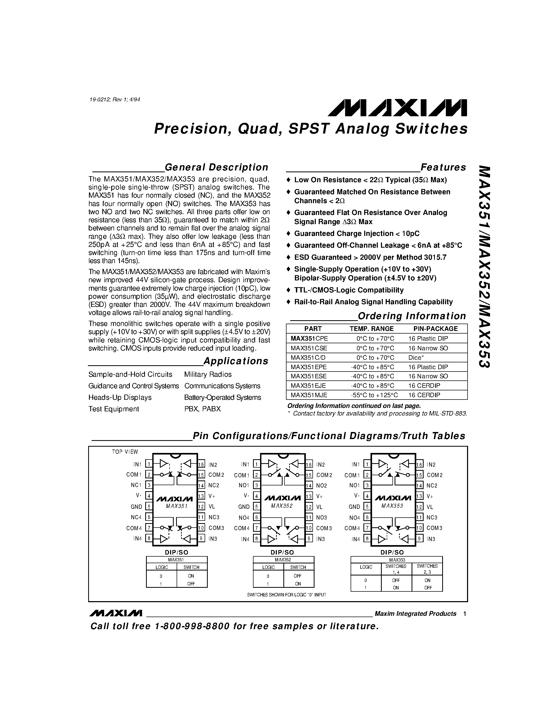 Datasheet MAX353 - Precision / Quad / SPST Analog Switches page 1