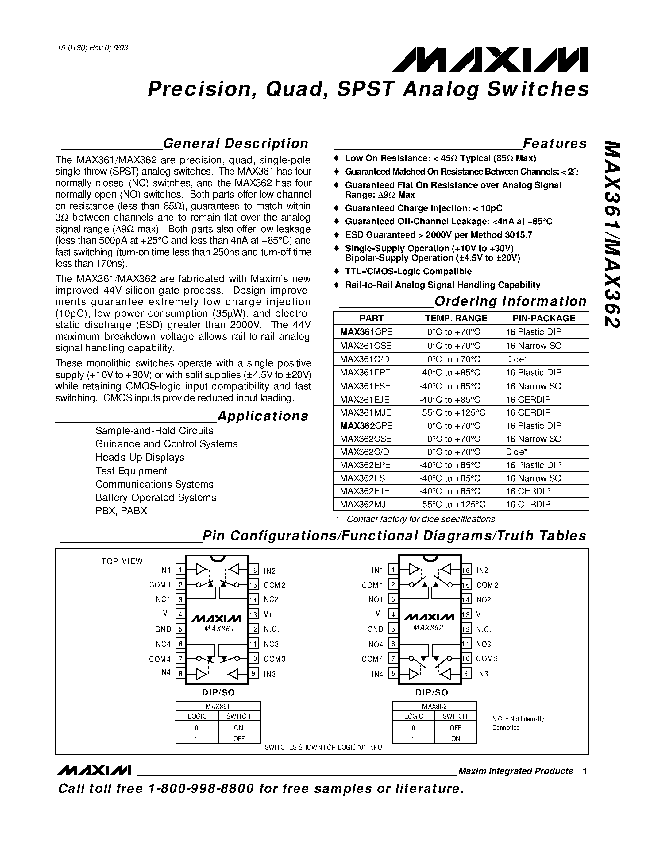 Datasheet MAX361 - Precision / Quad / SPST Analog Switches page 1