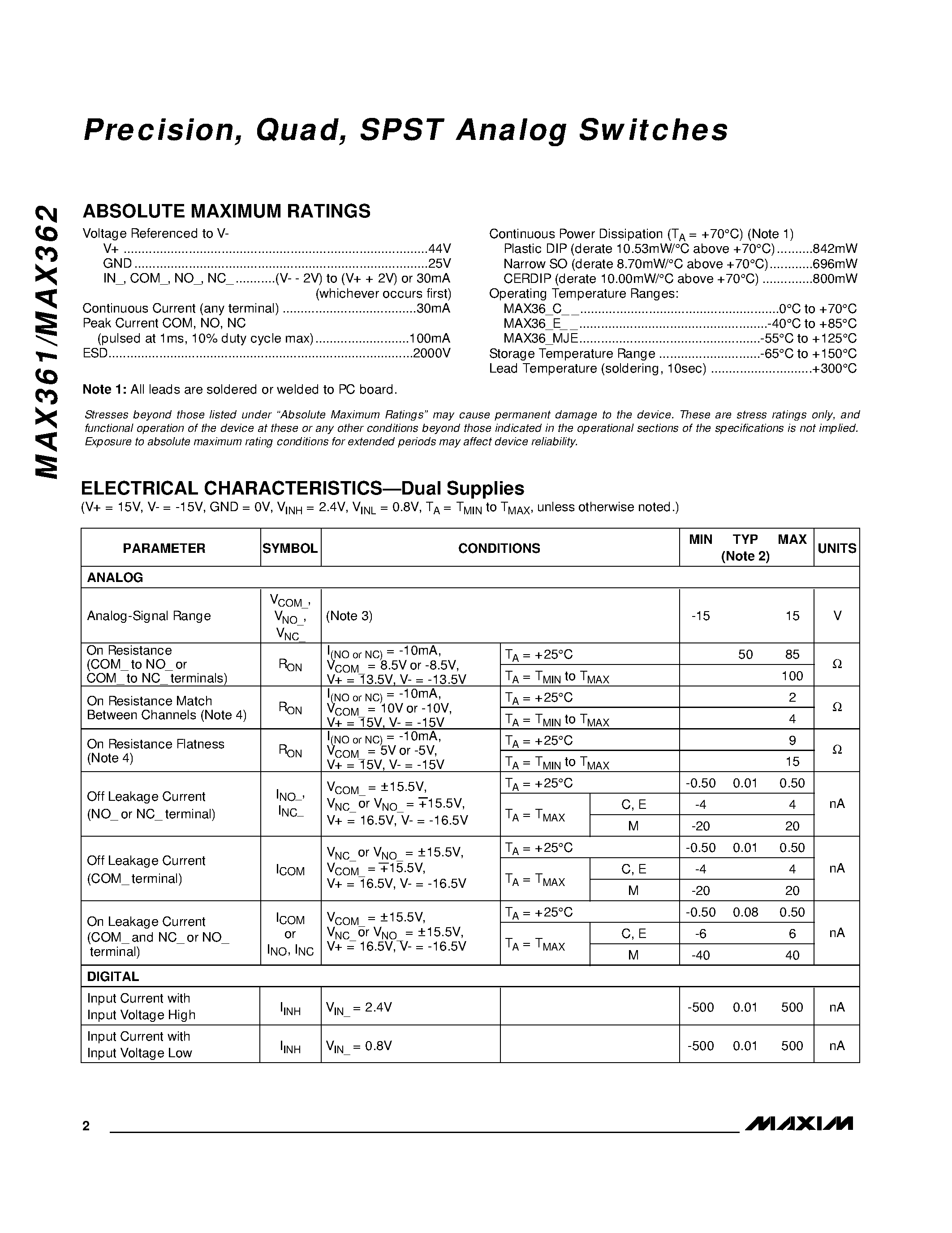 Datasheet MAX361 - Precision / Quad / SPST Analog Switches page 2