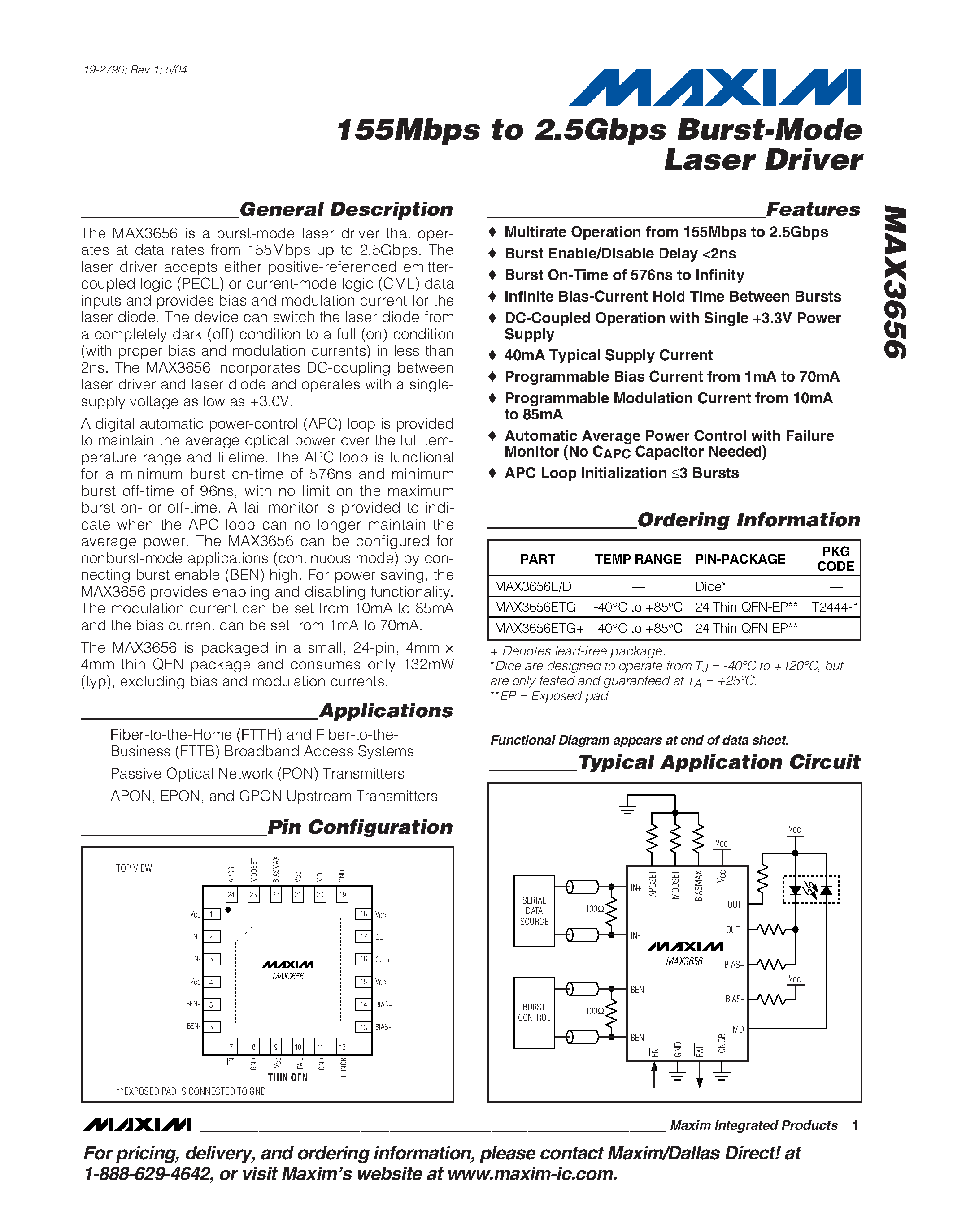Datasheet MAX3656 - 155Mbps to 2.5Gbps Burst-Mode Laser Driver page 1