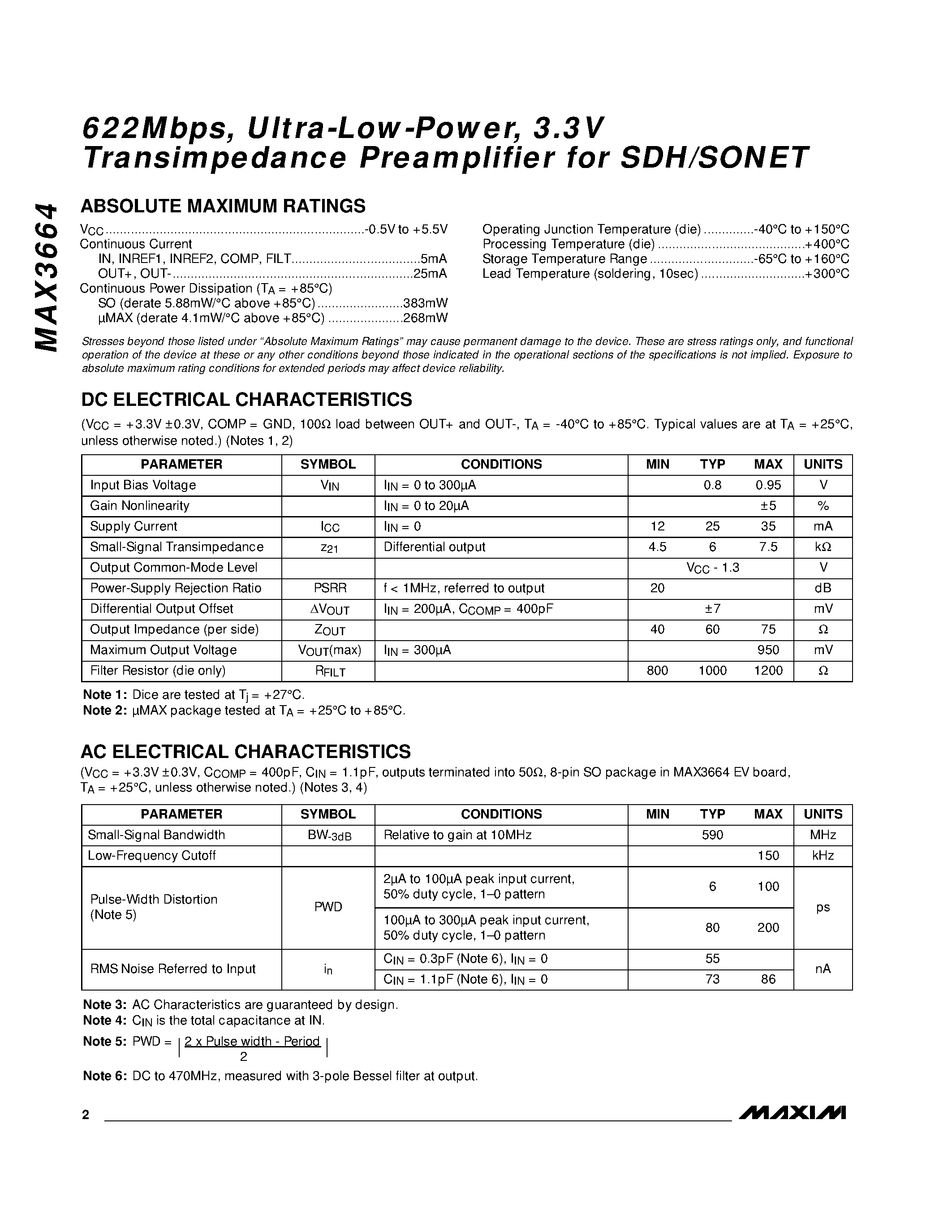 Datasheet MAX3664 - 622Mbps / Ultra-Low-Power / 3.3V Transimpedance Preamplifier for SDH/SONET page 2
