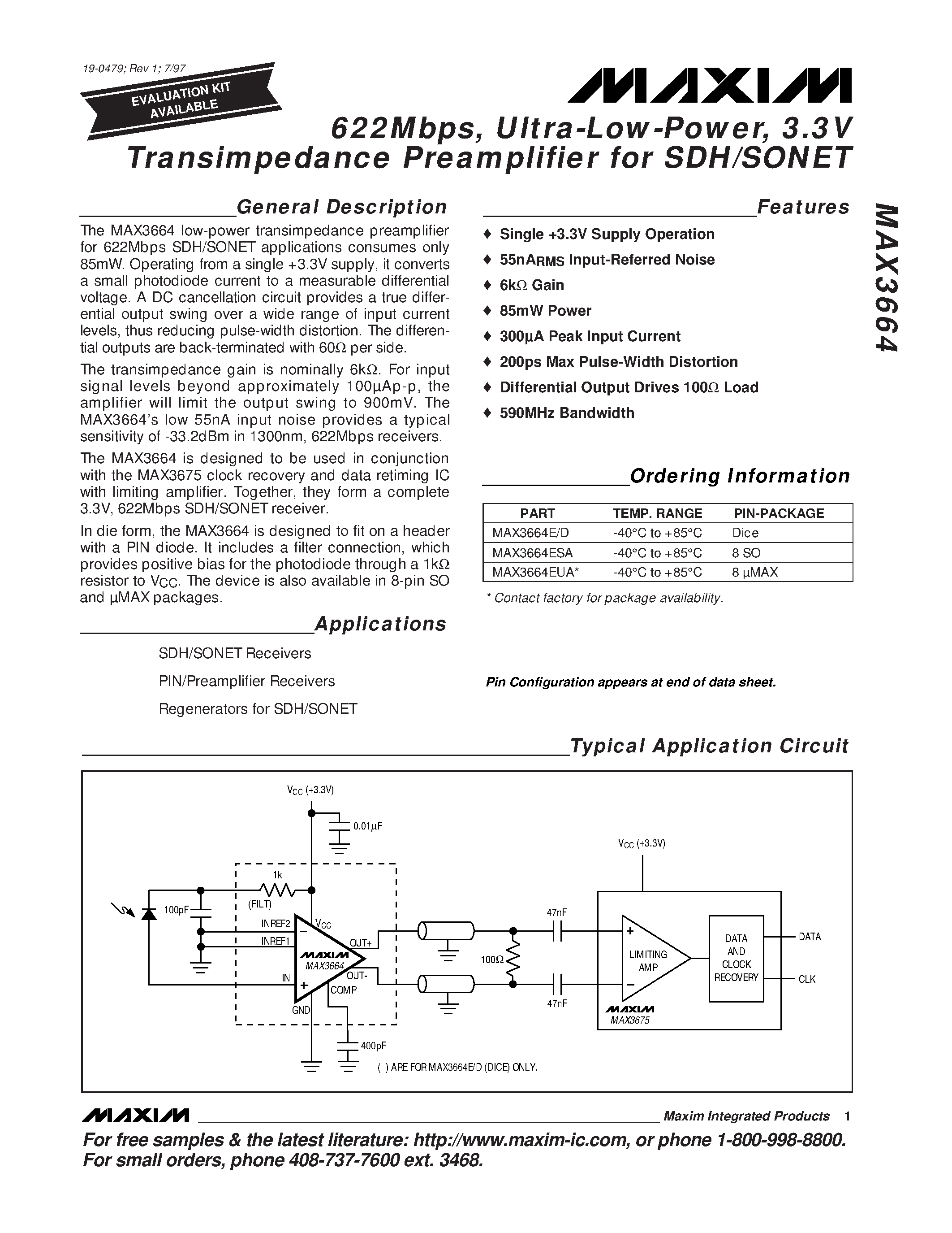 Datasheet MAX3664ESA - 622Mbps / Ultra-Low-Power / 3.3V Transimpedance Preamplifier for SDH/SONET page 1