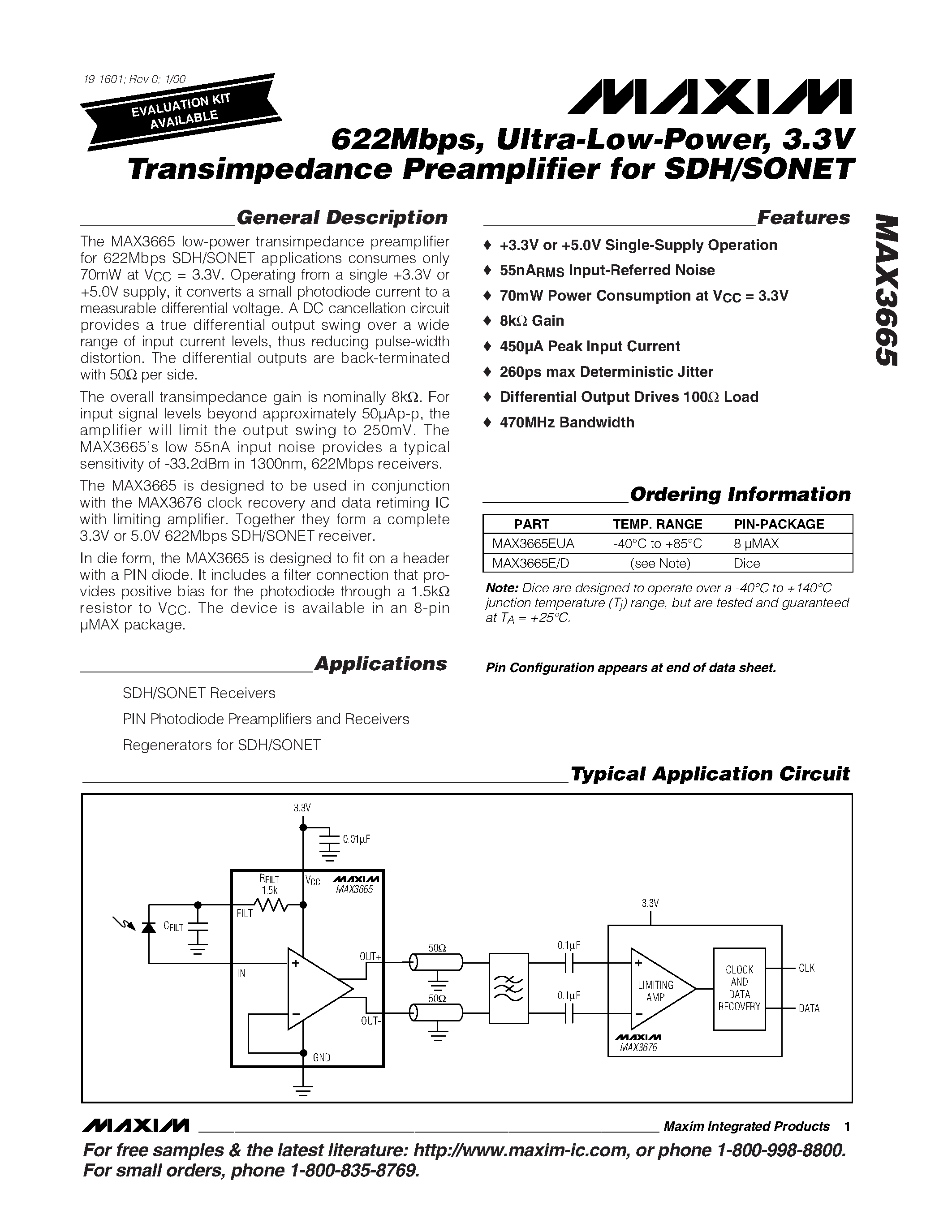 Datasheet MAX3665 - 622Mbps / Ultra-Low-Power / 3.3V Transimpedance Preamplifier for SDH/SONET page 1