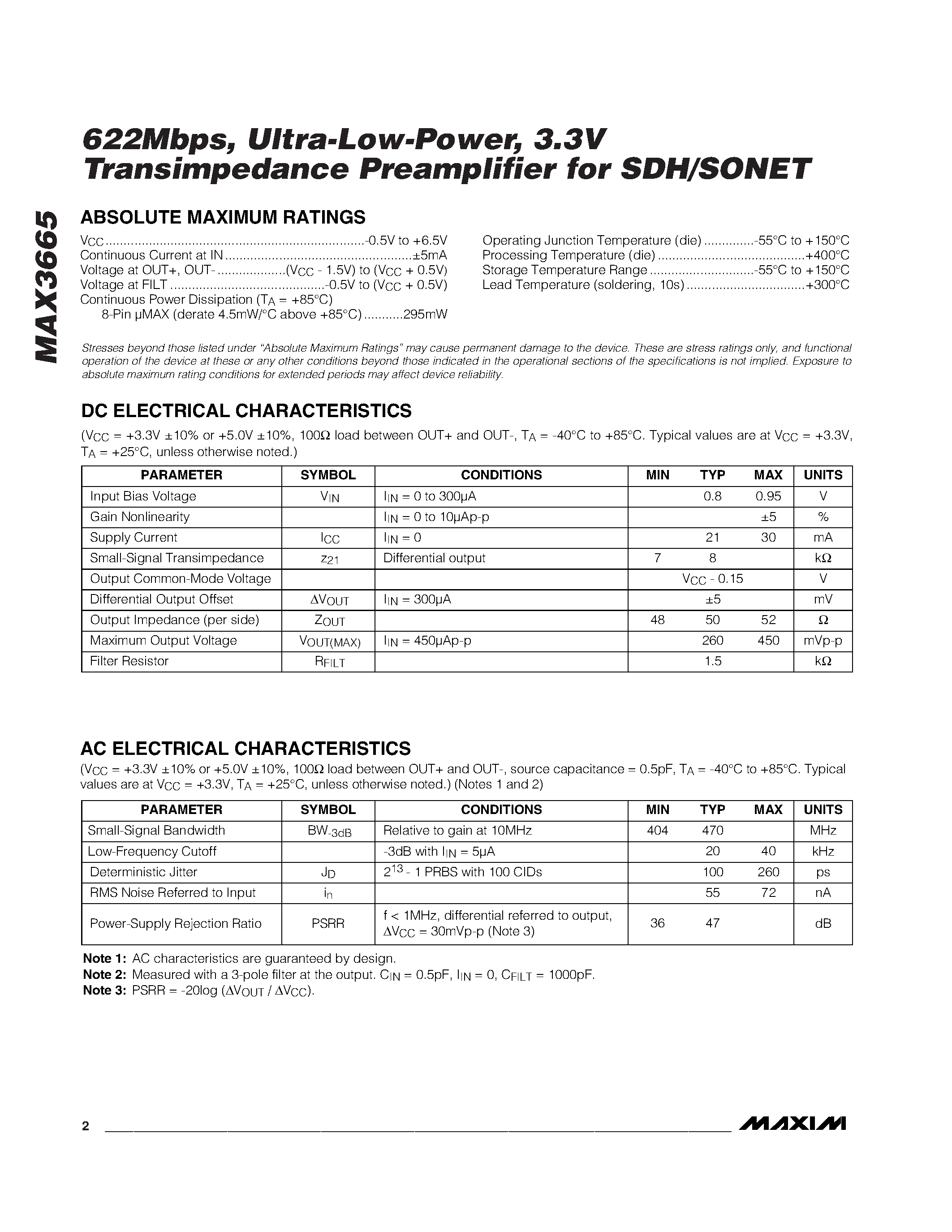 Datasheet MAX3665EUA - 622Mbps / Ultra-Low-Power / 3.3V Transimpedance Preamplifier for SDH/SONET page 2