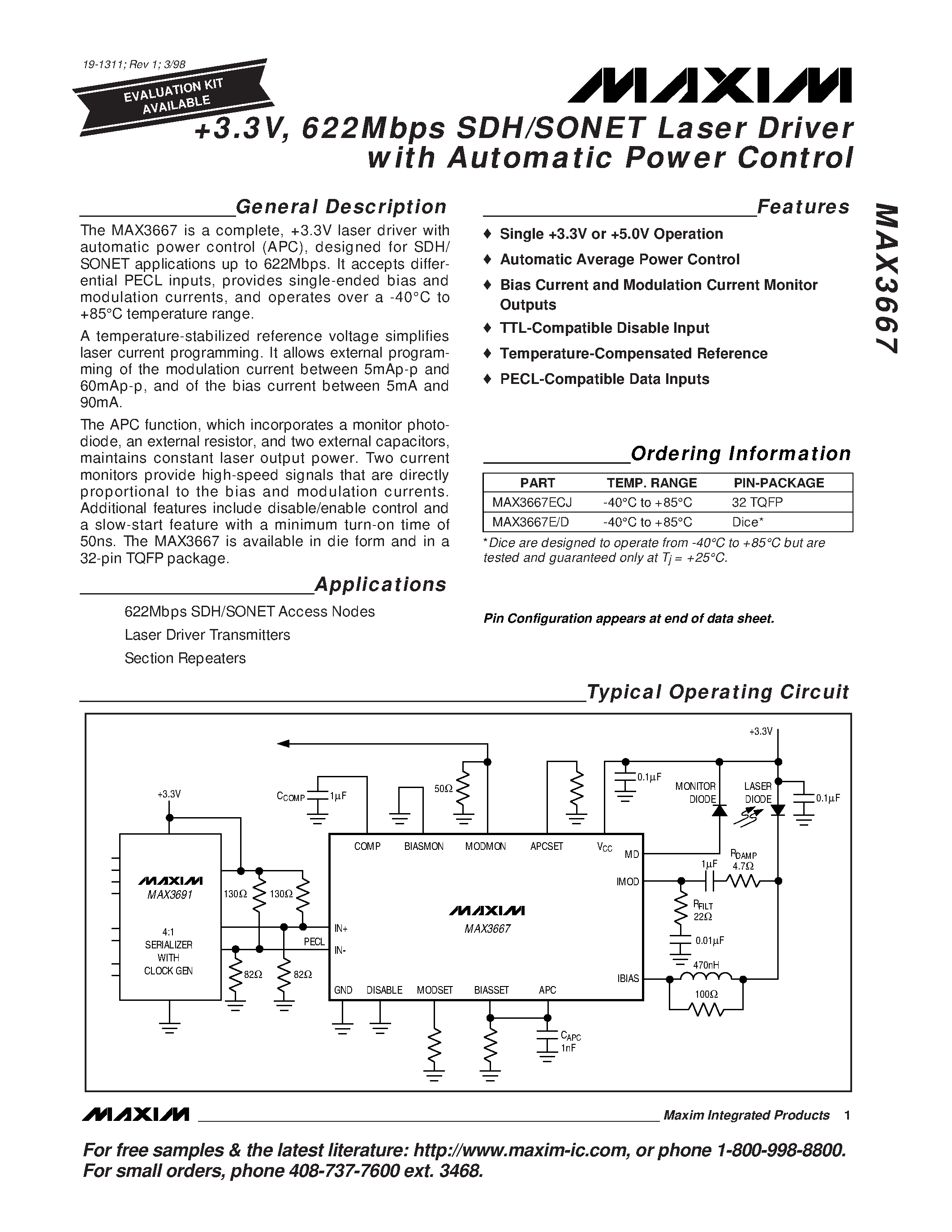 Datasheet MAX3667 - +3.3V / 622Mbps SDH/SONET Laser Driver with Automatic Power Control page 1