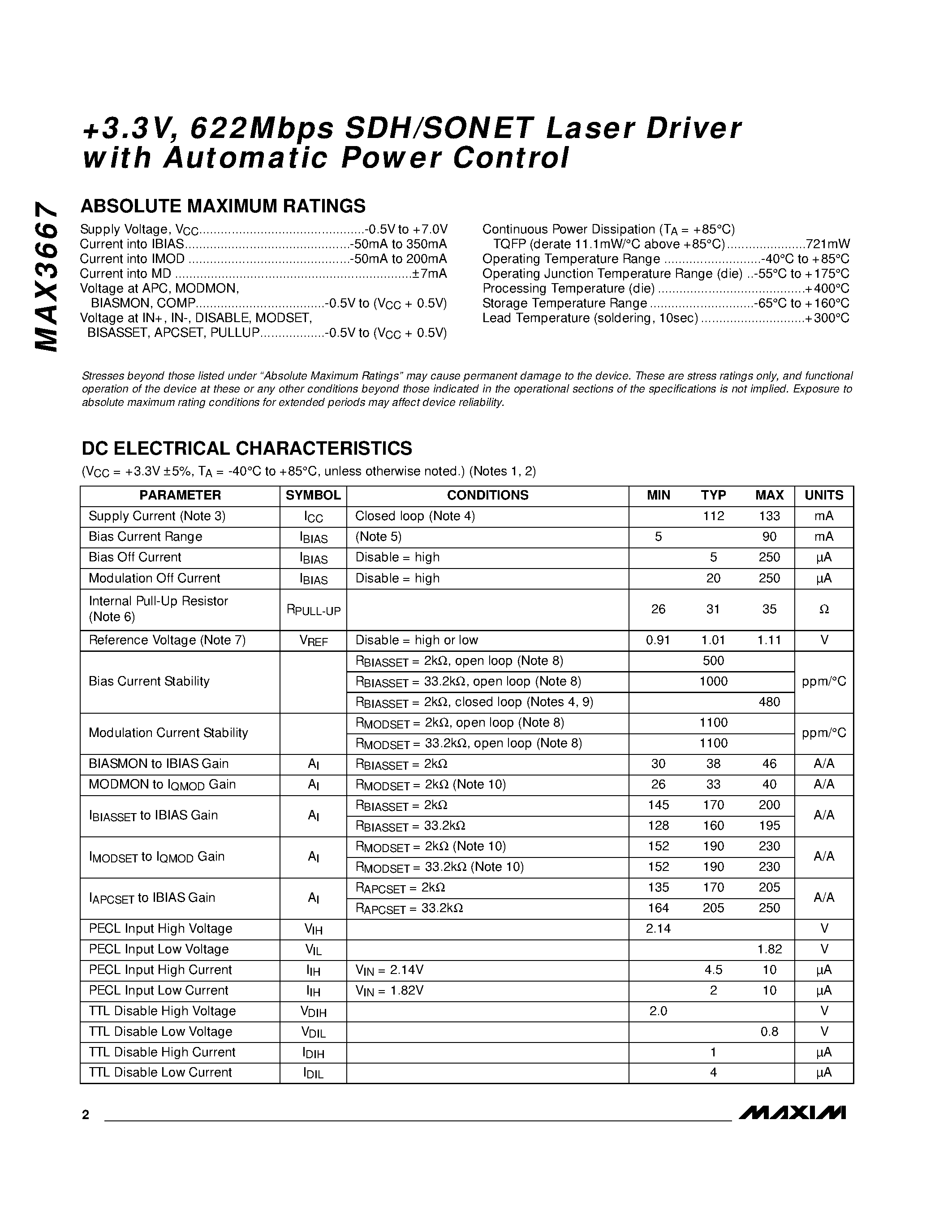 Datasheet MAX3667ECJ - +3.3V / 622Mbps SDH/SONET Laser Driver with Automatic Power Control page 2