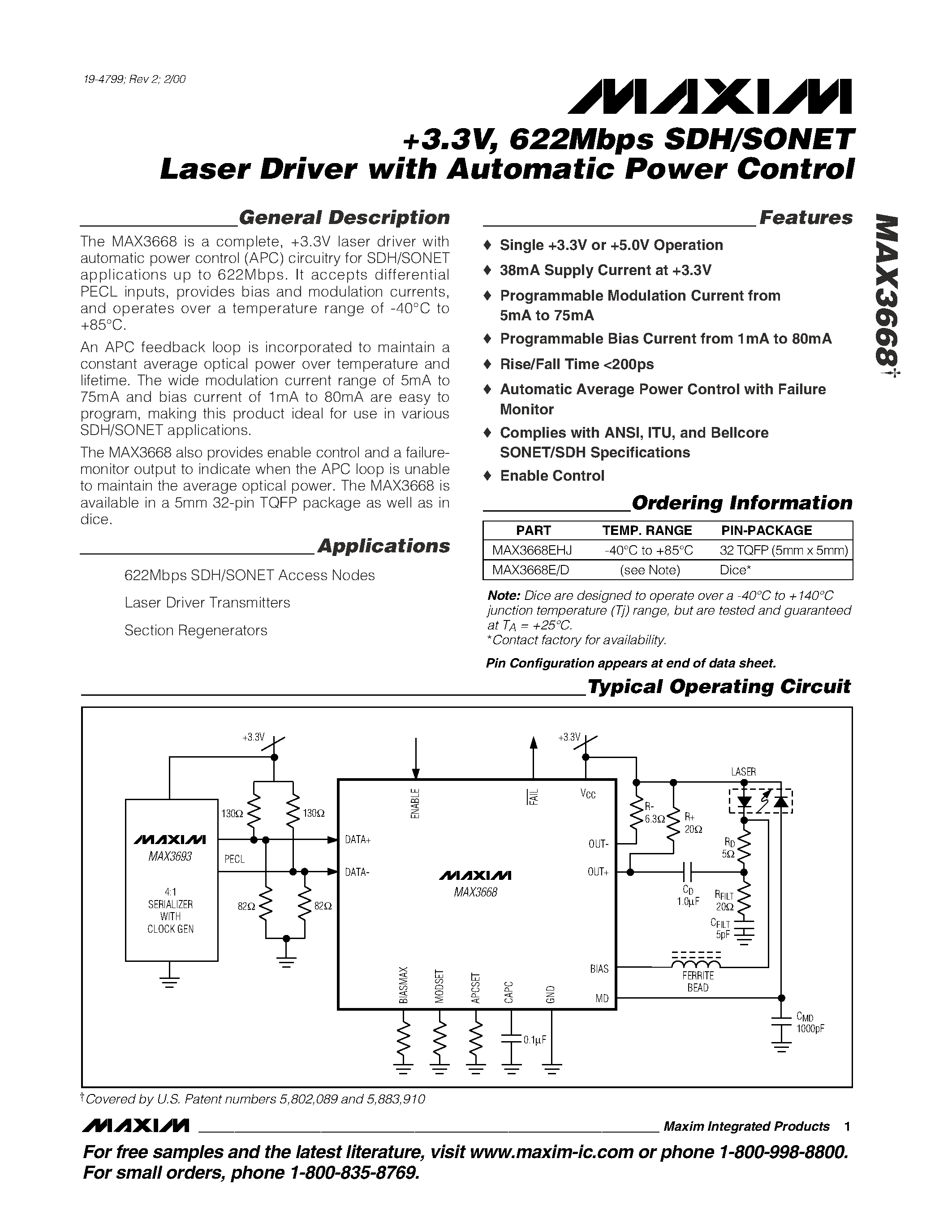 Datasheet MAX3668EHJ - +3.3V / 622Mbps SDH/SONET Laser Driver with Automatic Power Control page 1