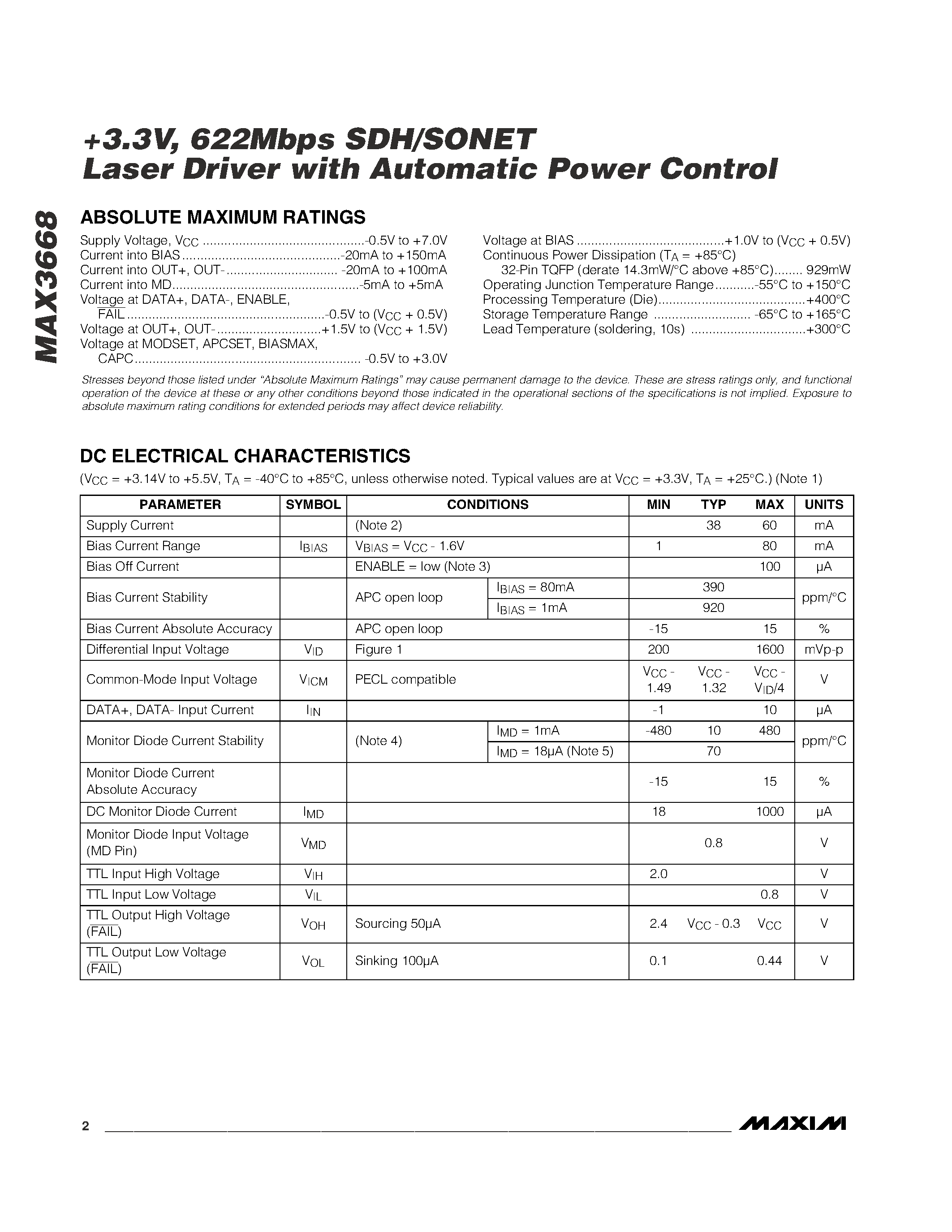 Datasheet MAX3668EHJ - +3.3V / 622Mbps SDH/SONET Laser Driver with Automatic Power Control page 2
