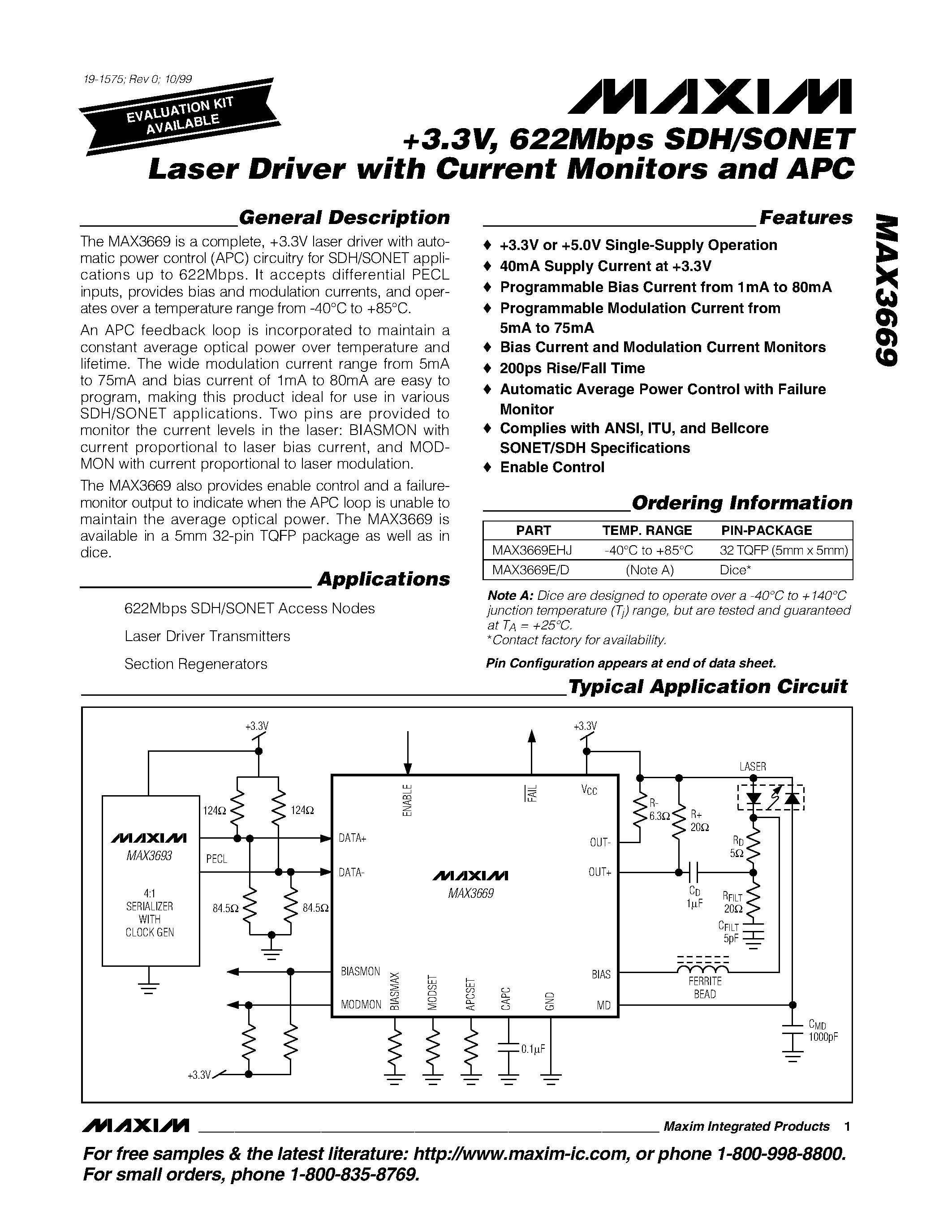 Datasheet MAX3669 - +3.3V / 622Mbps SDH/SONET Laser Driver with Current Monitors and APC page 1