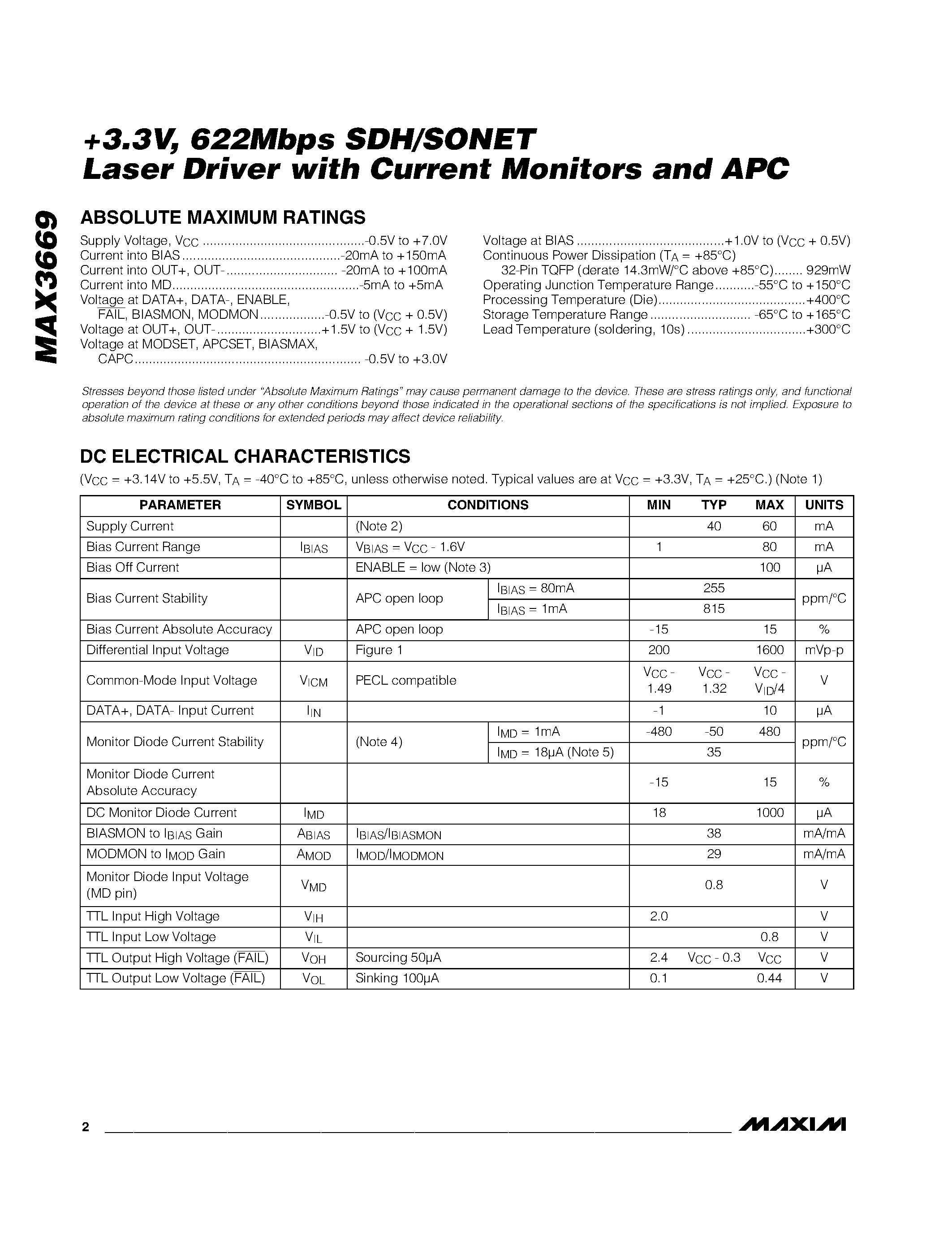Datasheet MAX3669EHJ - +3.3V / 622Mbps SDH/SONET Laser Driver with Current Monitors and APC page 2