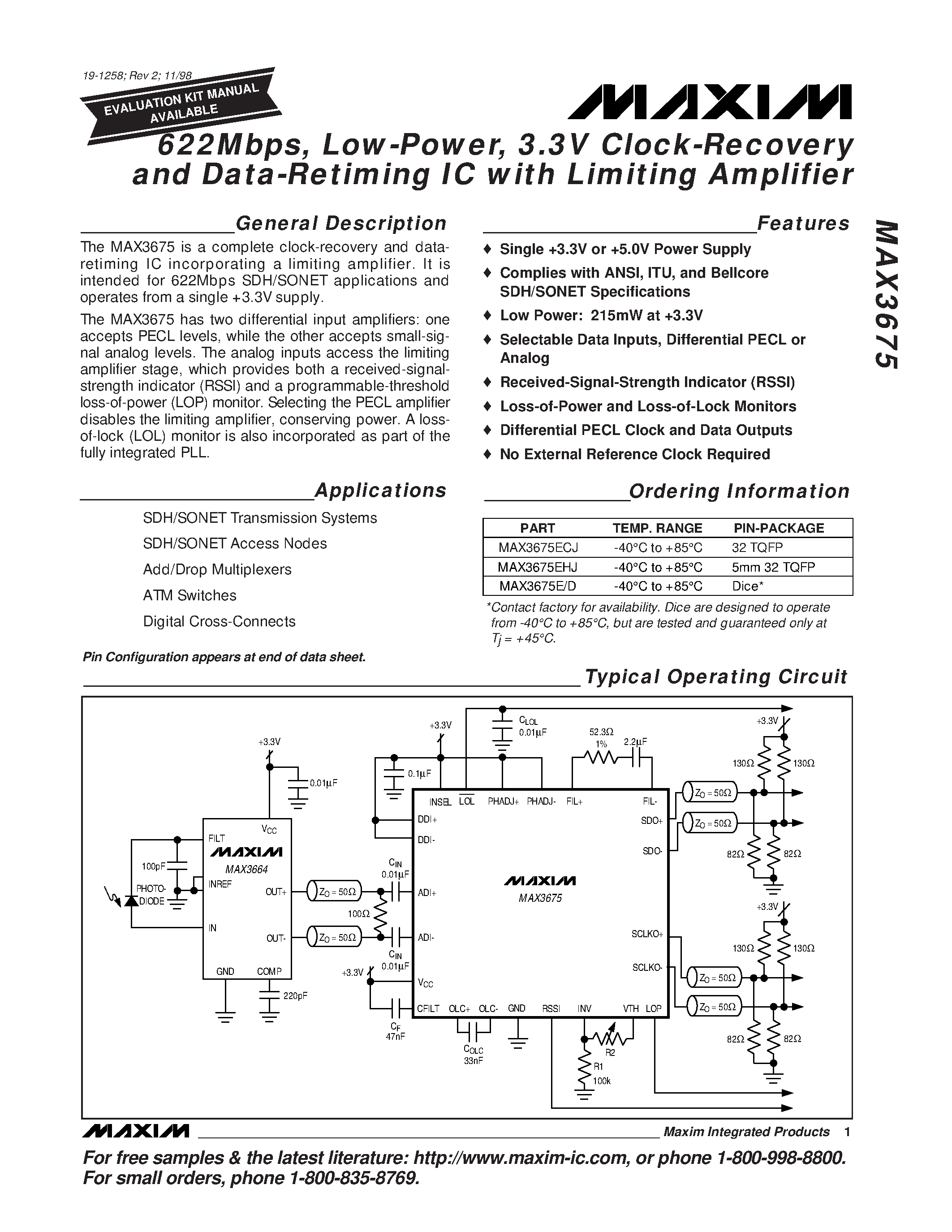 Datasheet MAX3675EHJ - 622Mbps / Low-Power / 3.3V Clock-Recovery and Data-Retiming IC with Limiting Amplifier page 1