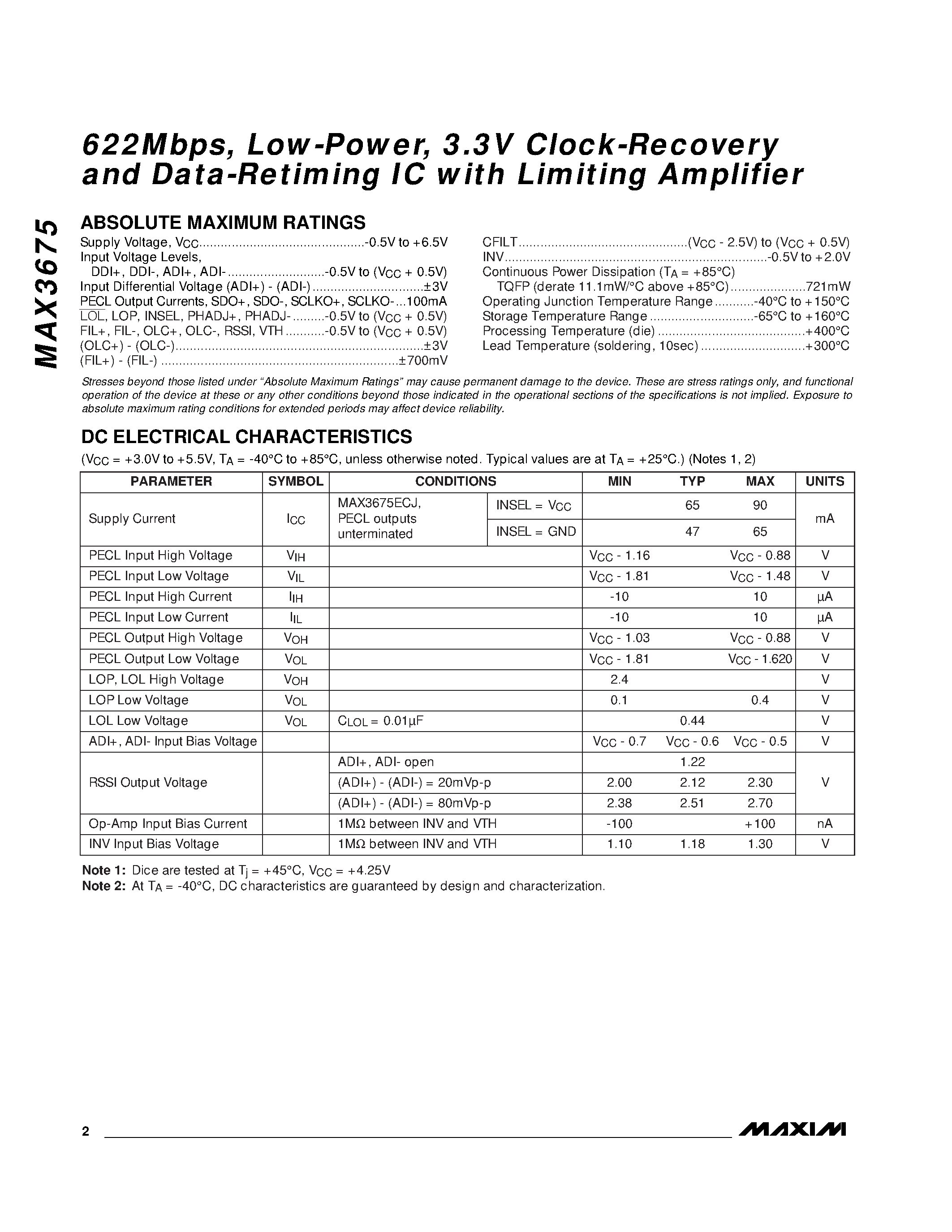 Datasheet MAX3675EHJ - 622Mbps / Low-Power / 3.3V Clock-Recovery and Data-Retiming IC with Limiting Amplifier page 2