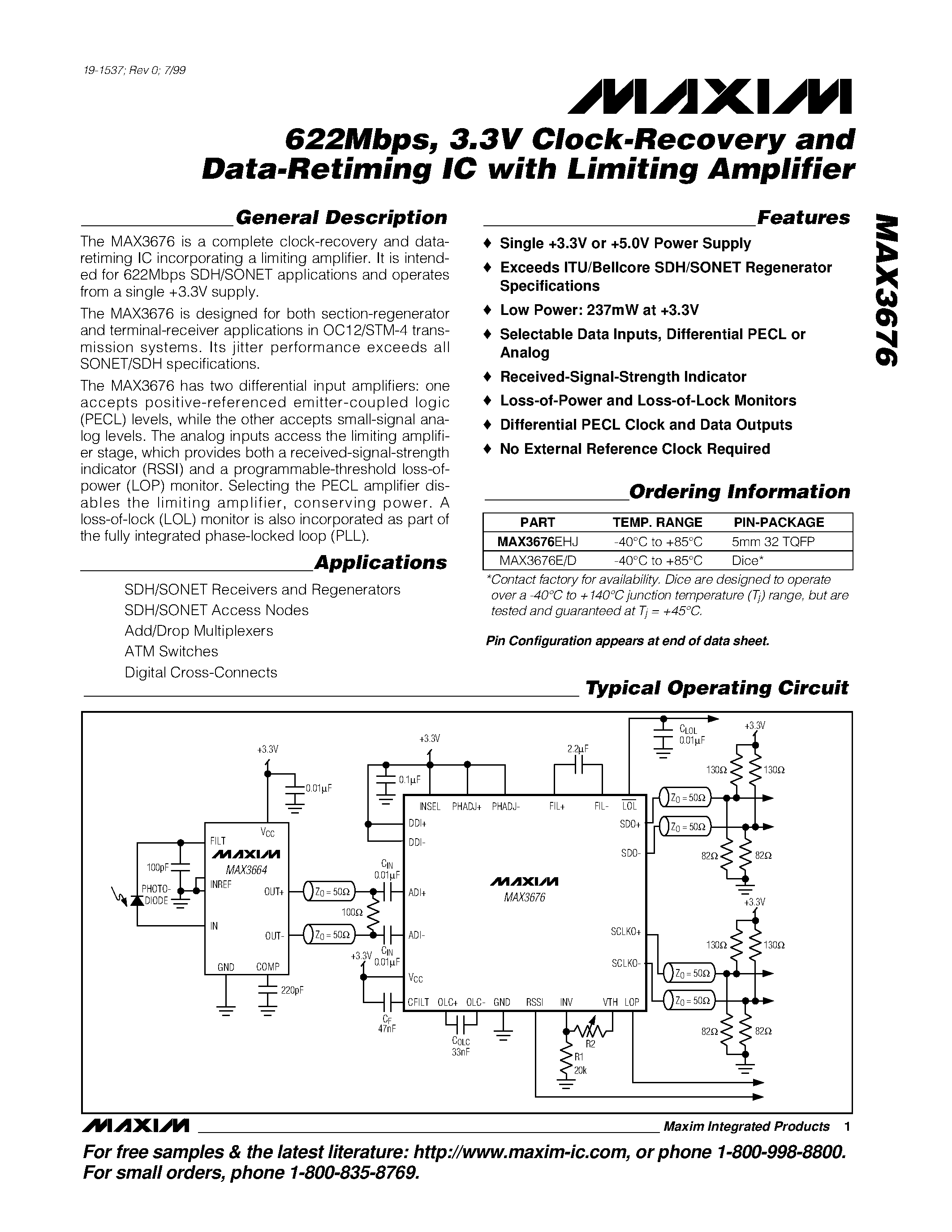 Datasheet MAX3676 - 622Mbps / 3.3V Clock-Recovery and Data-Retiming IC with Limiting Amplifier page 1