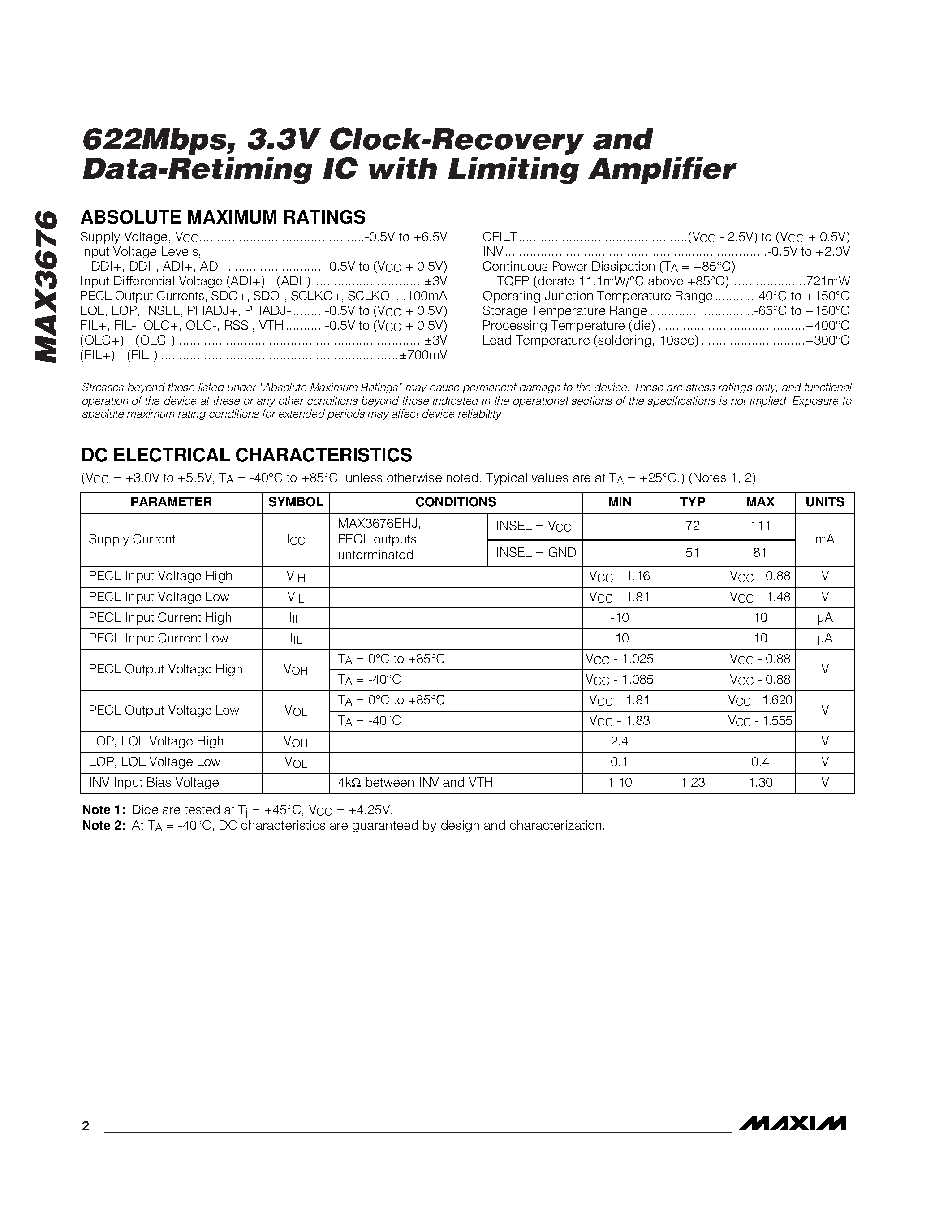 Datasheet MAX3676 - 622Mbps / 3.3V Clock-Recovery and Data-Retiming IC with Limiting Amplifier page 2
