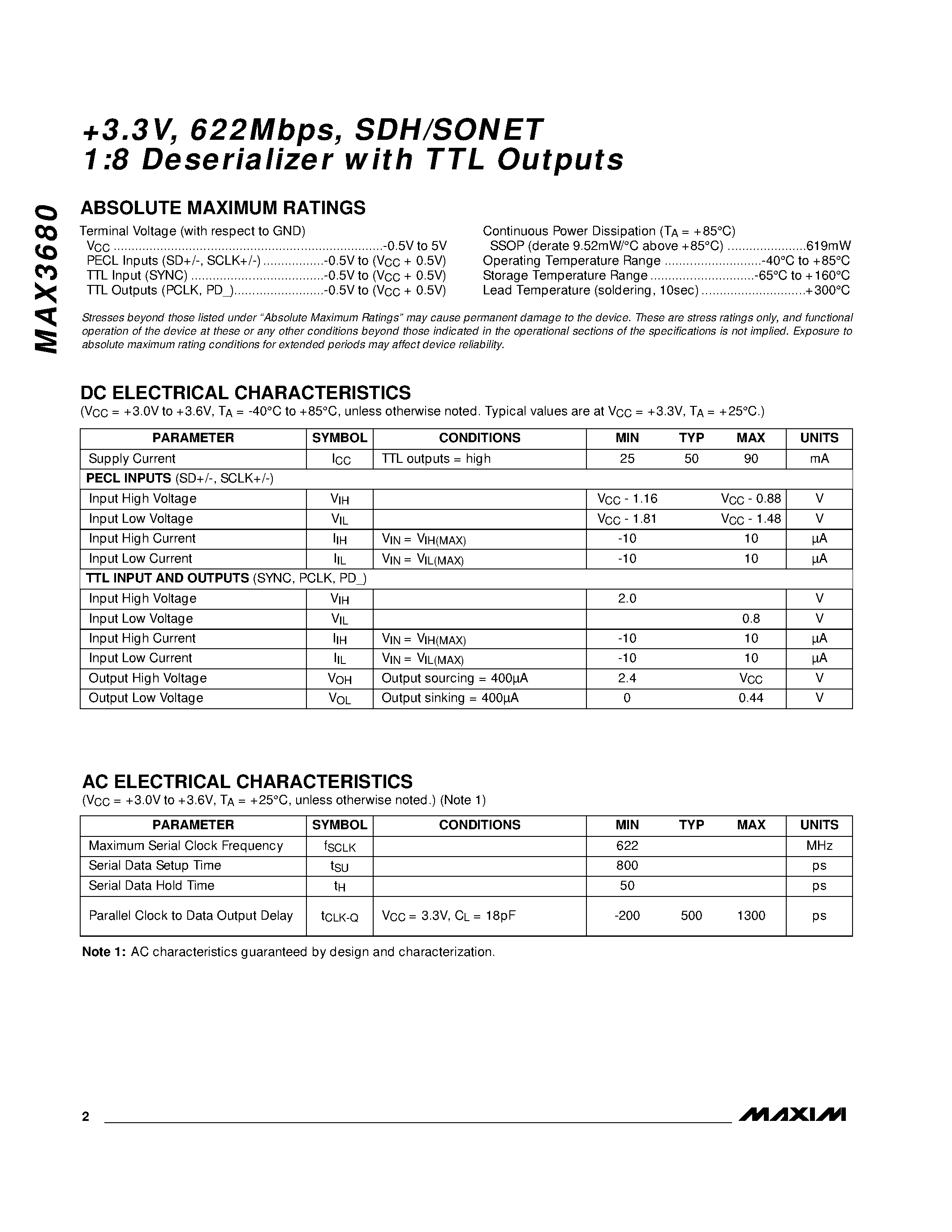 Datasheet MAX3680 page 2 Datasheet MAX3680 - +3.3V / 622Mbps / SDH/SONET 1:8 Deserializer with TTL Outputs page 2