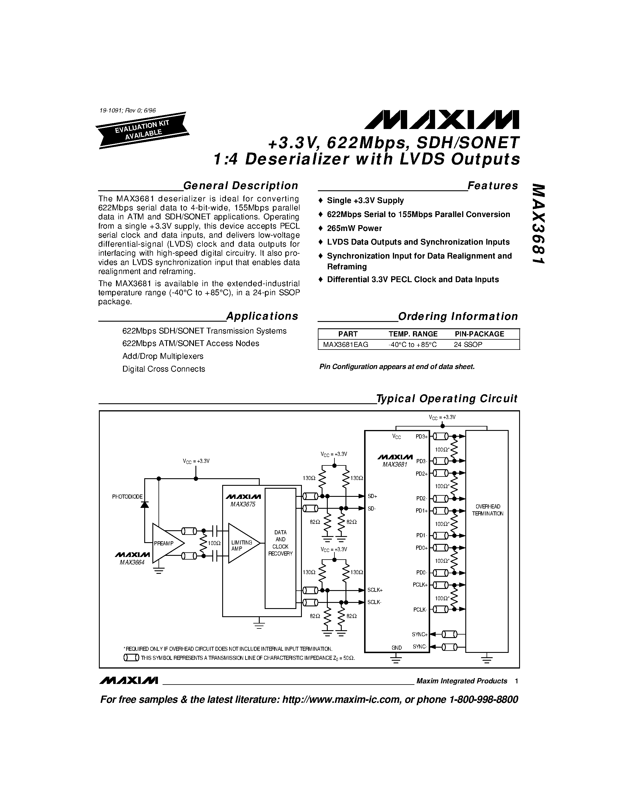 Datasheet MAX3681EAG - +3.3V / 622Mbps / SDH/SONET 1:4 Deserializer with LVDS Outputs page 1