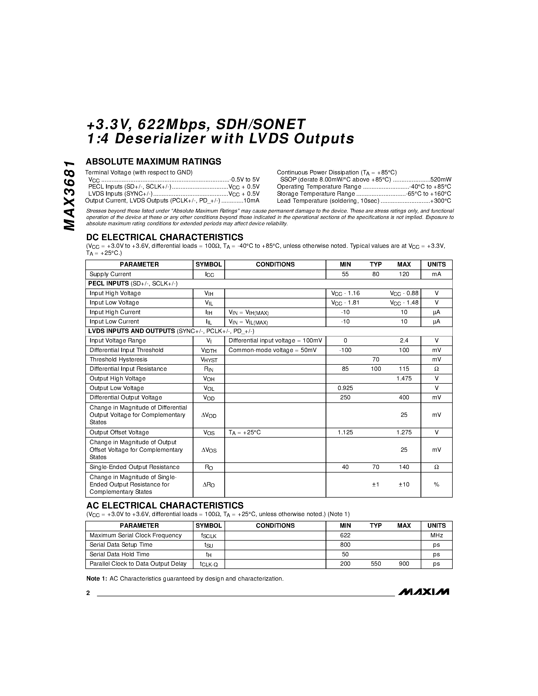 Datasheet MAX3681EAG - +3.3V / 622Mbps / SDH/SONET 1:4 Deserializer with LVDS Outputs page 2