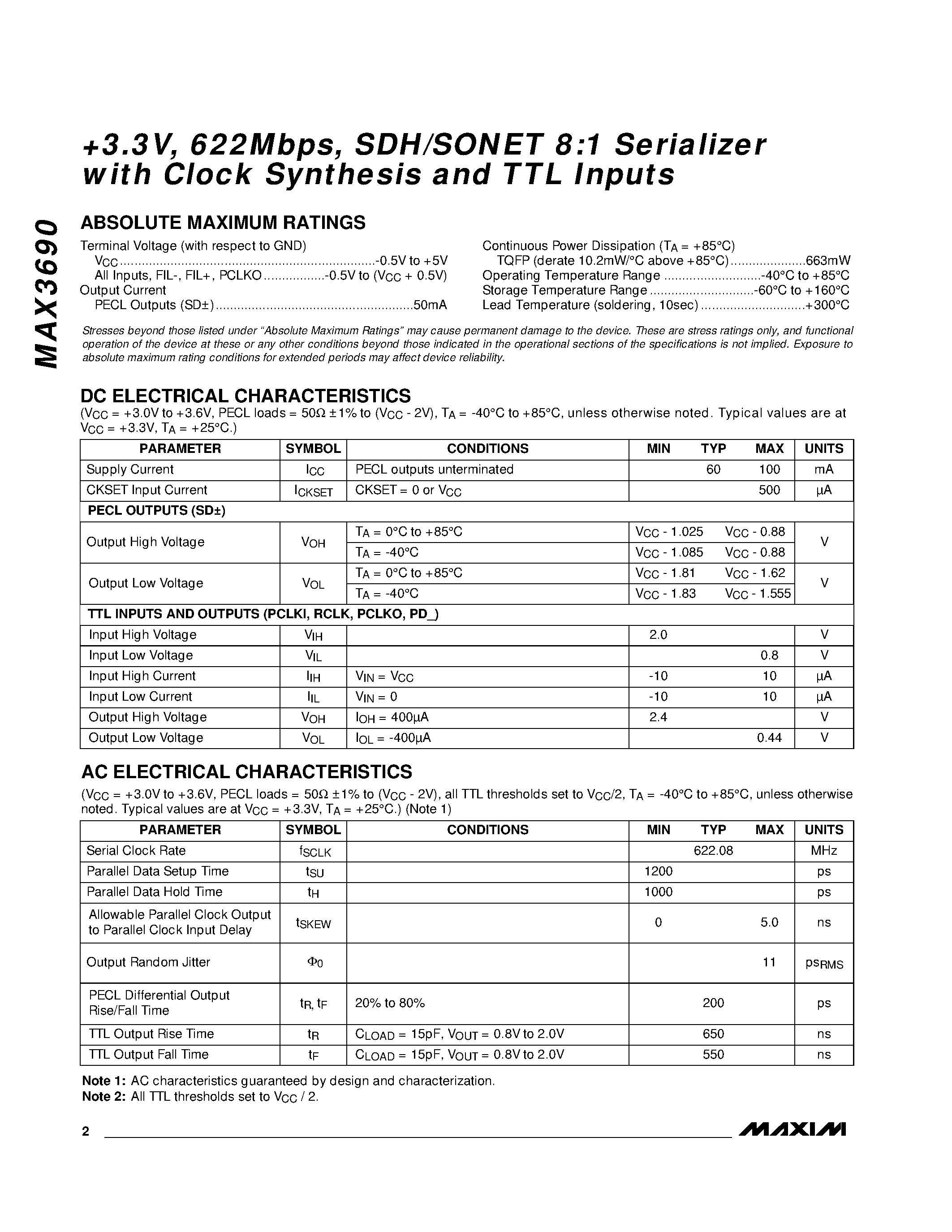 Datasheet MAX3690ECJ page 2 Datasheet MAX3690ECJ - +3.3V / 622Mbps / SDH/SONET 8:1 Serializer with Clock Synthesis and TTL Inputs page 2