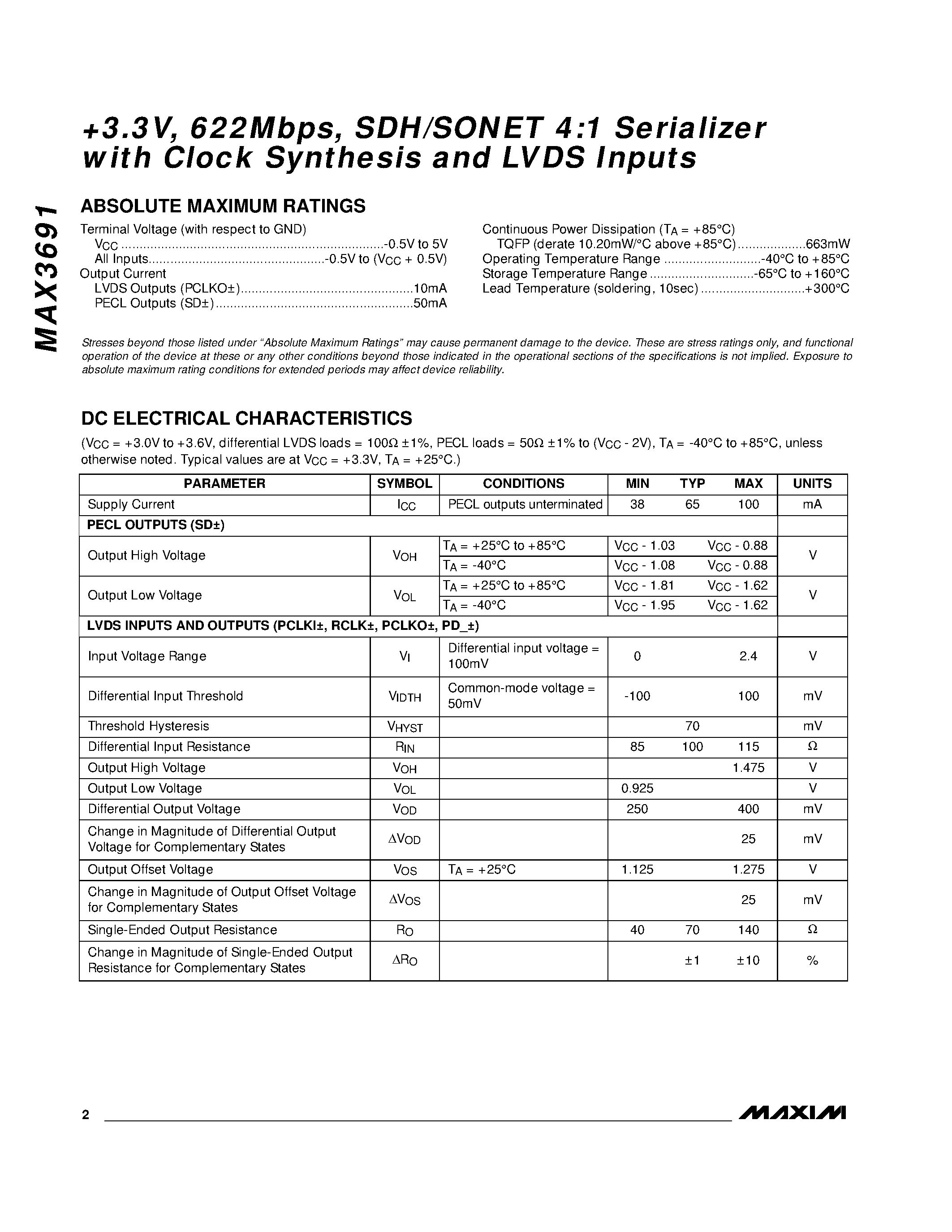Datasheet MAX3691 - +3.3V / 622Mbps / SDH/SONET 4:1 Serializer with Clock Synthesis and LVDS Inputs page 2