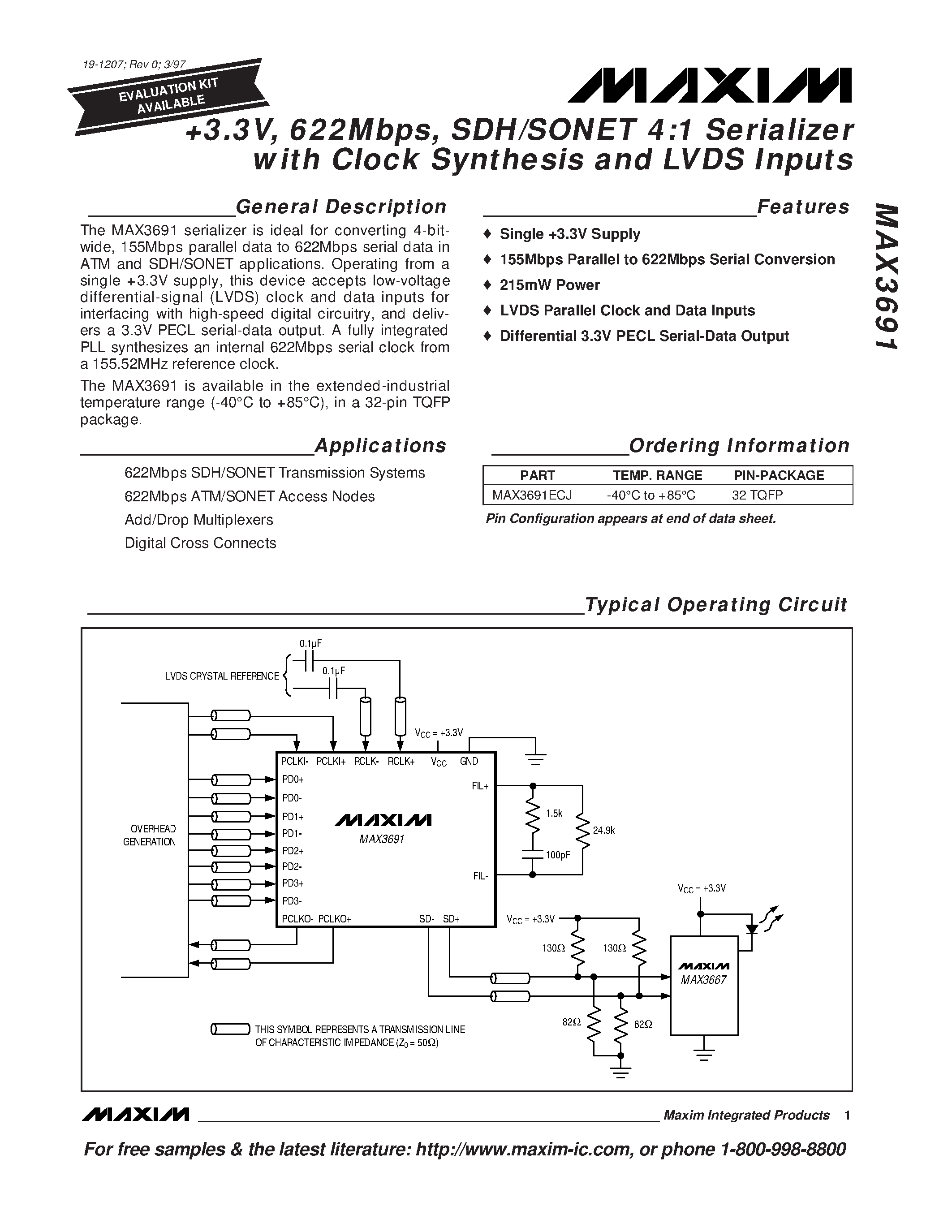 Datasheet MAX3691ECJ - +3.3V / 622Mbps / SDH/SONET 4:1 Serializer with Clock Synthesis and LVDS Inputs page 1