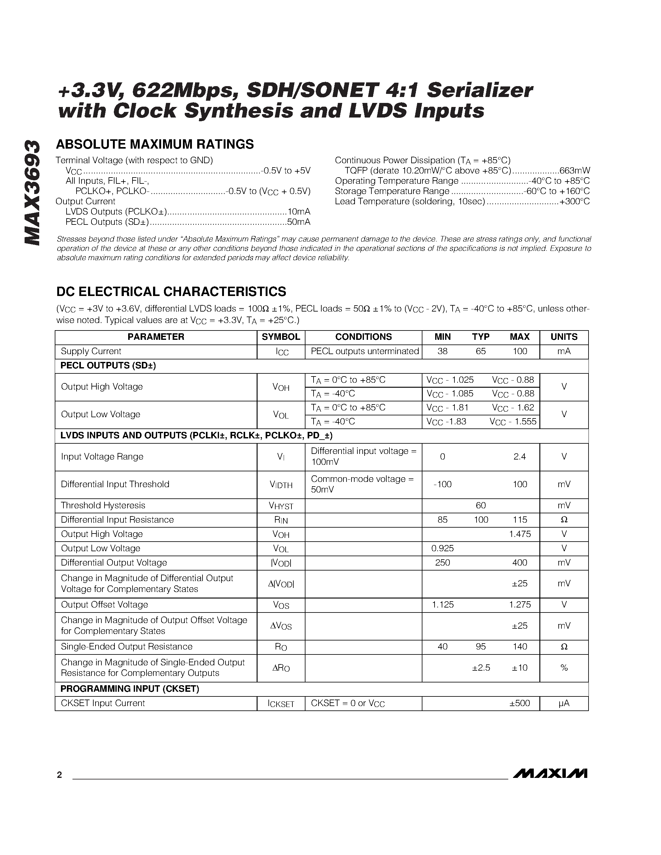 Datasheet MAX3693 - +3.3V / 622Mbps / SDH/SONET 4:1 Serializer with Clock Synthesis and LVDS Inputs page 2