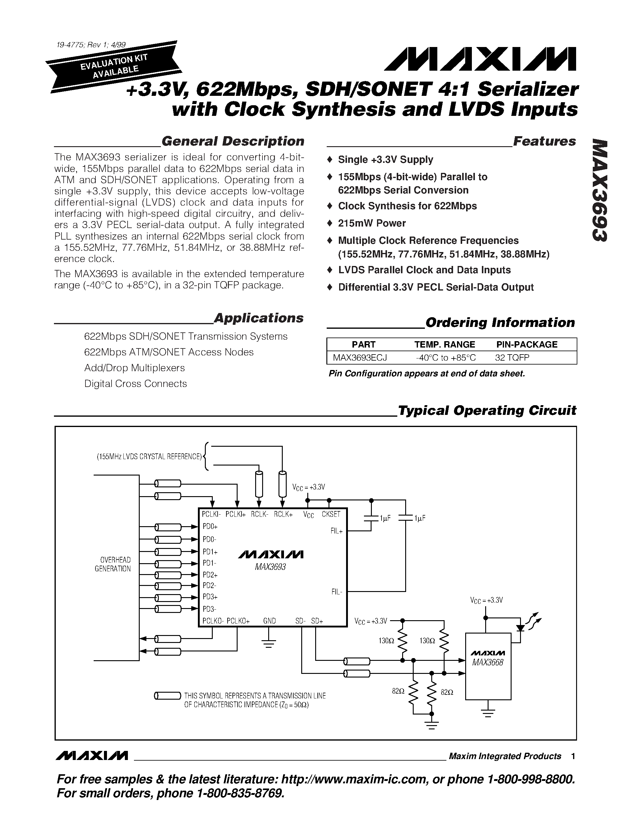 Datasheet MAX3693ECJ - +3.3V / 622Mbps / SDH/SONET 4:1 Serializer with Clock Synthesis and LVDS Inputs page 1