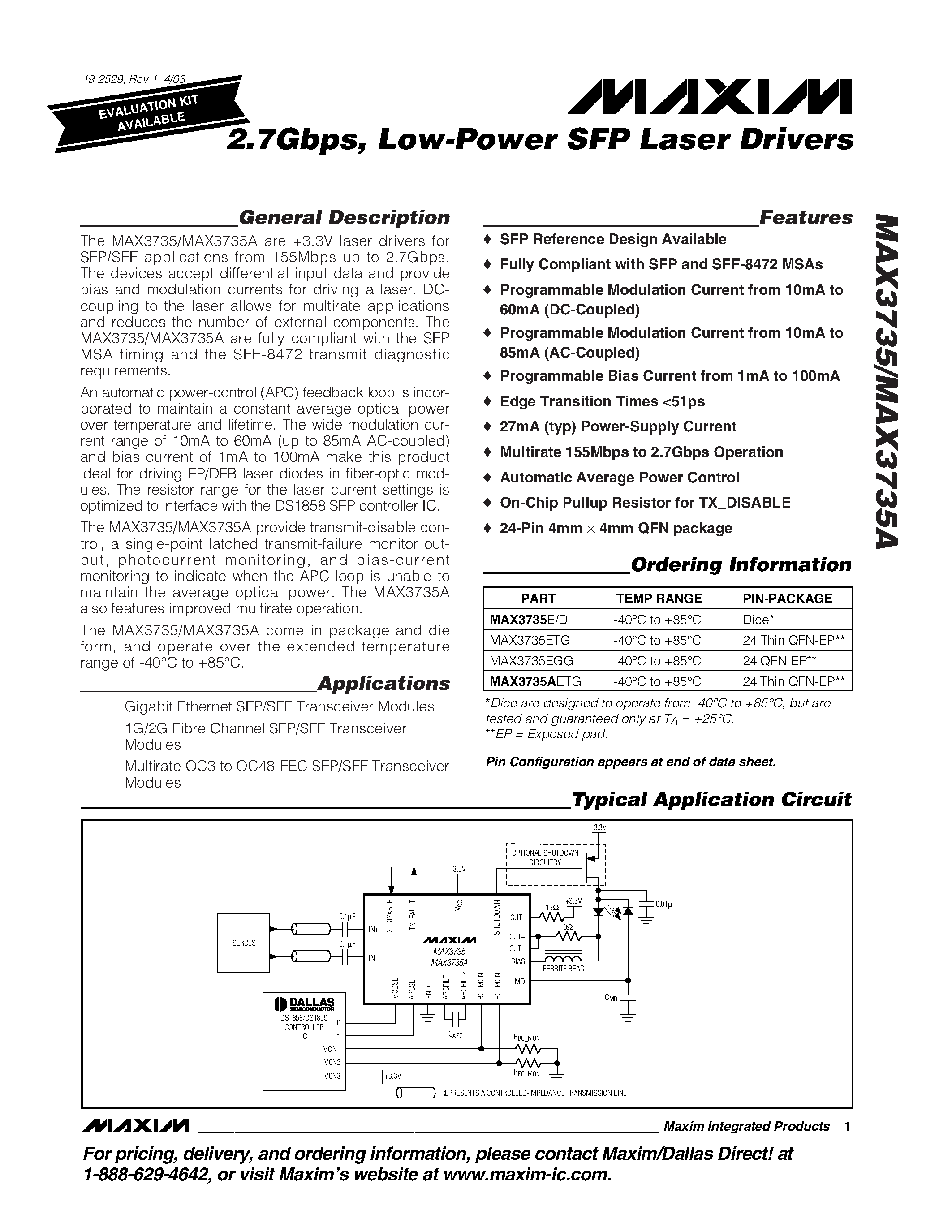 Datasheet MAX3735 - 2.7Gbps / Low-Power SFP Laser Drivers page 1