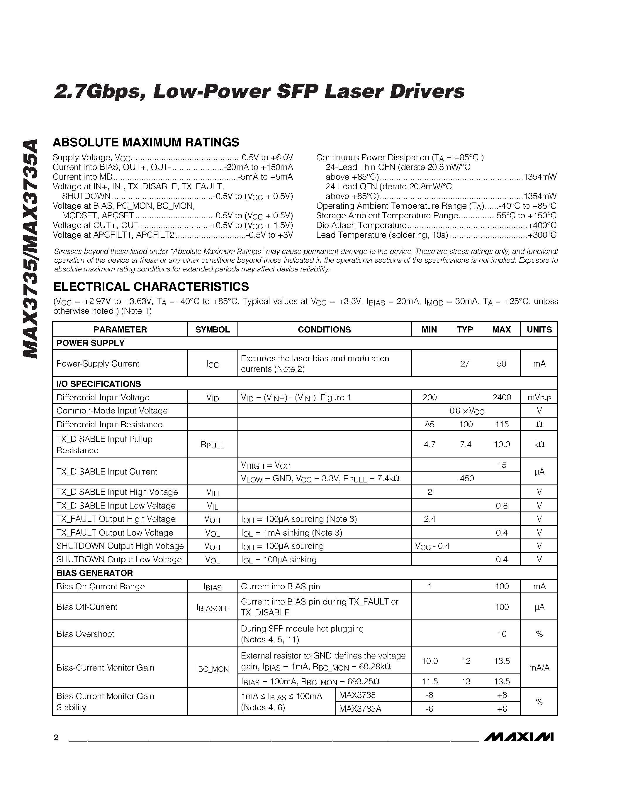 Datasheet MAX3735 - 2.7Gbps / Low-Power SFP Laser Drivers page 2