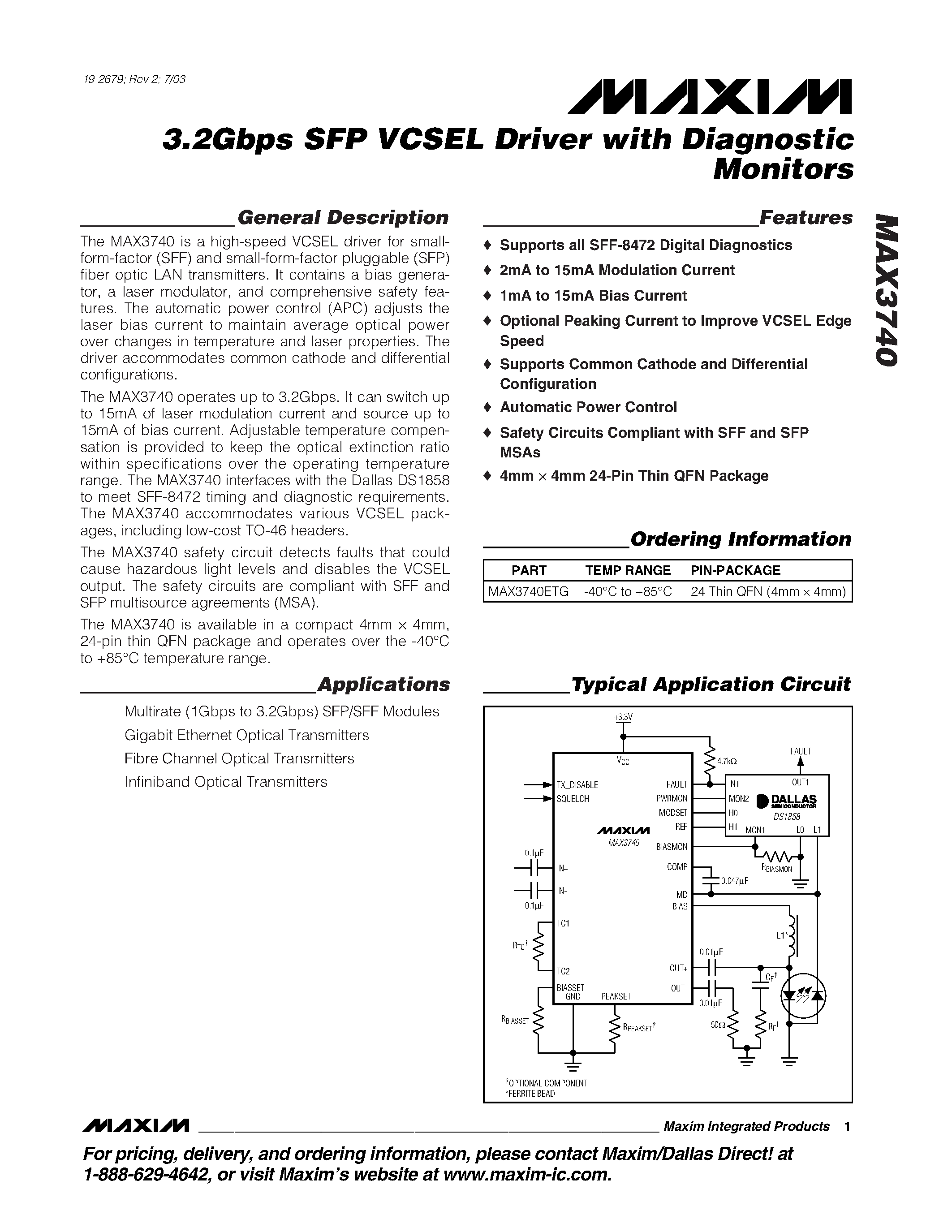 Datasheet MAX3740 - 3.2Gbps SFP VCSEL Driver with Diagnostic Monitors page 1