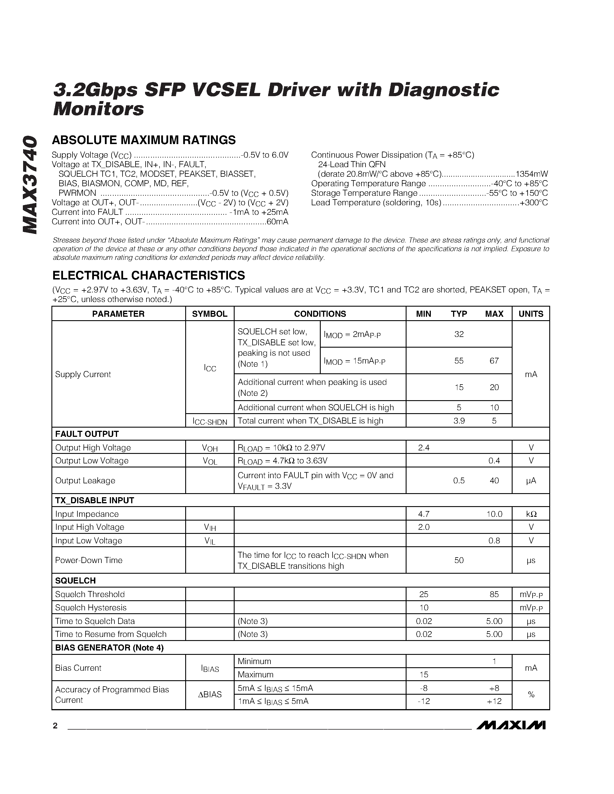 Datasheet MAX3740 - 3.2Gbps SFP VCSEL Driver with Diagnostic Monitors page 2