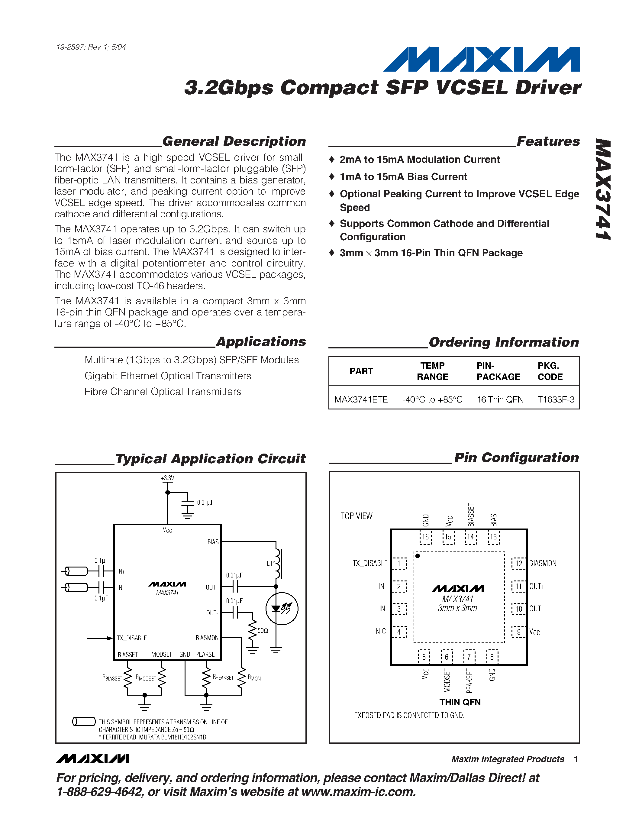 Datasheet MAX3741 - 3.2Gbps Compact SFP VCSEL Driver page 1