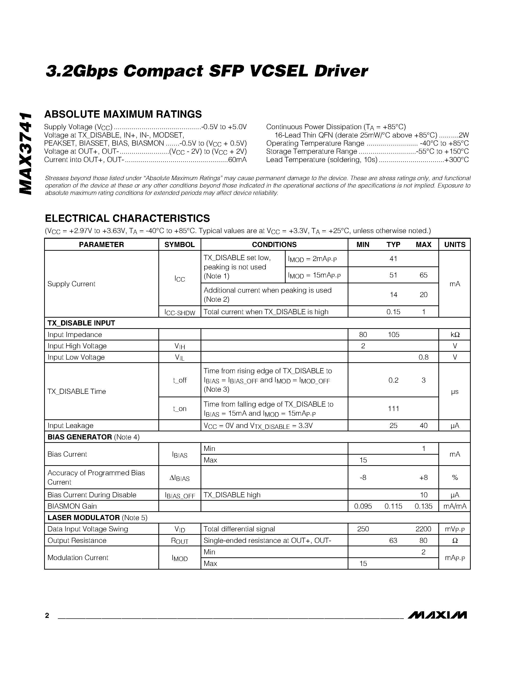 Datasheet MAX3741 - 3.2Gbps Compact SFP VCSEL Driver page 2