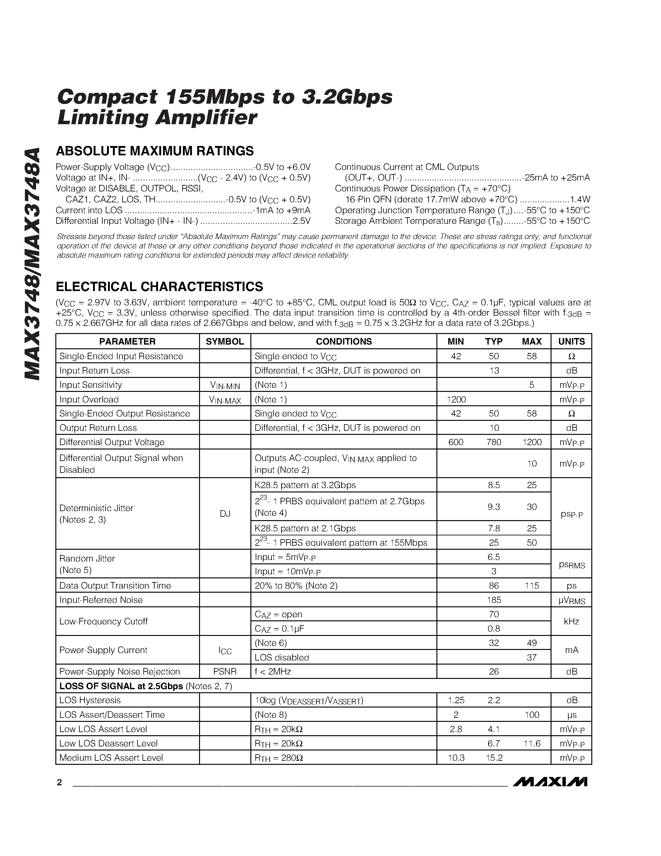 Datasheet MAX3748 - Compact 155Mbps to 3.2Gbps Limiting Amplifier page 2