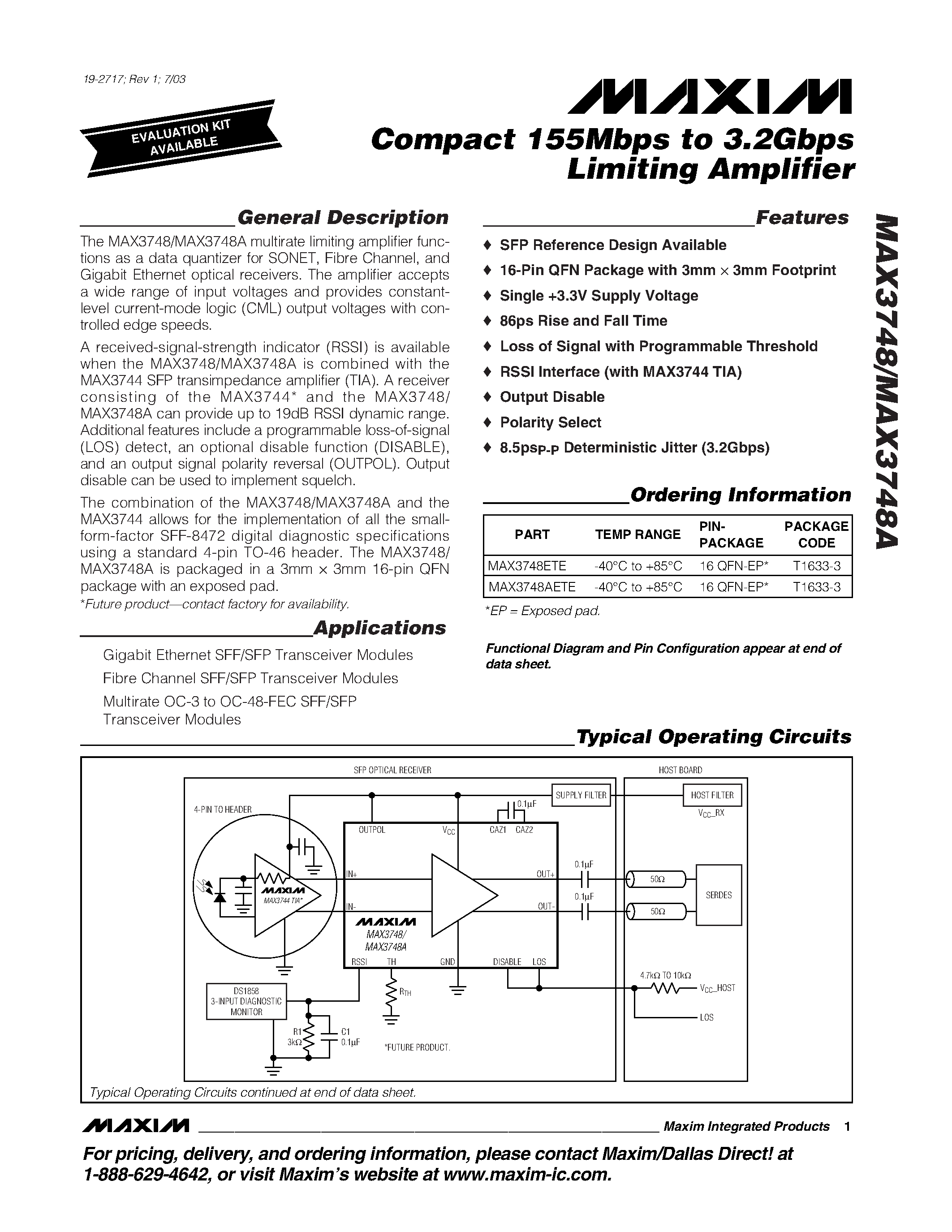 Datasheet MAX3748AETE - Compact 155Mbps to 3.2Gbps Limiting Amplifier page 1