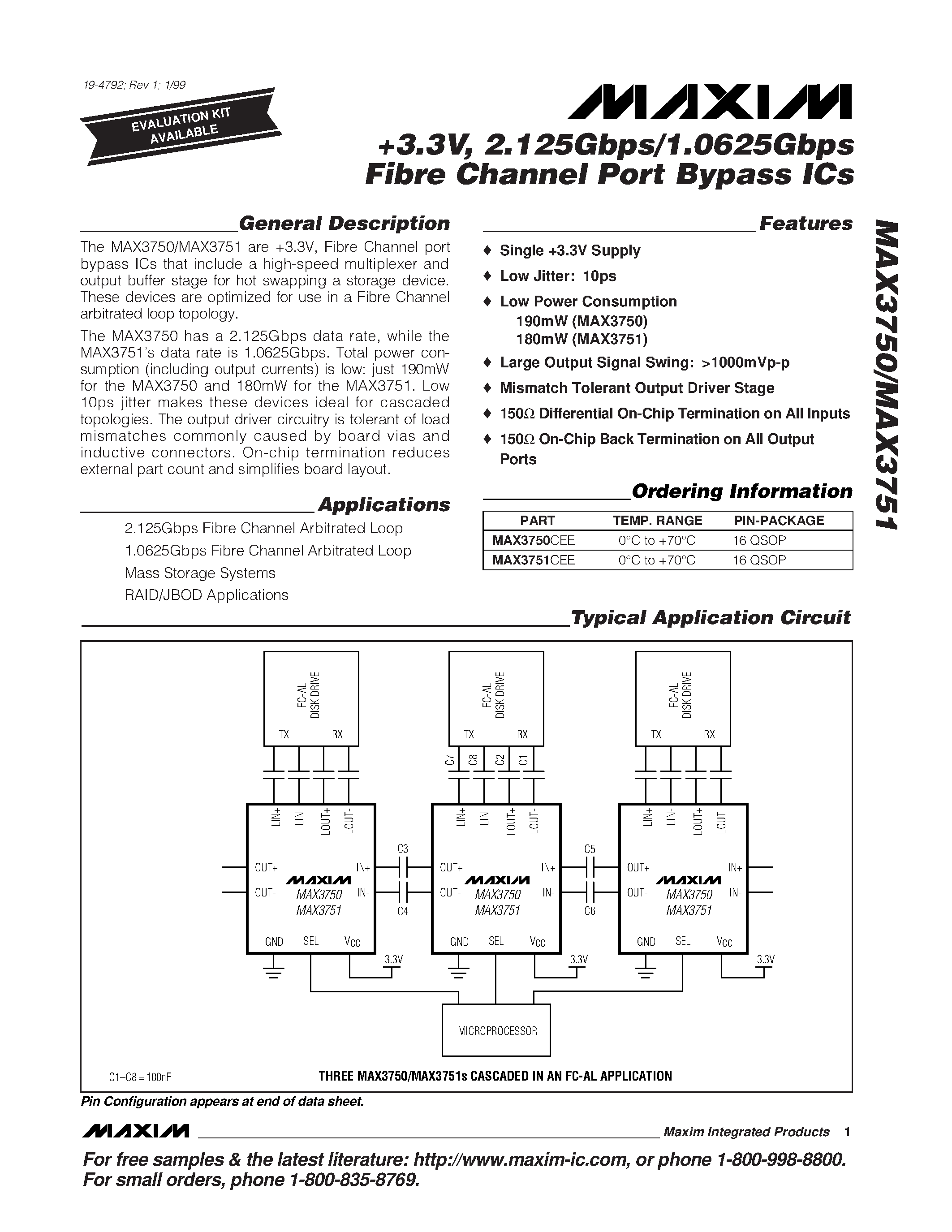 Datasheet MAX3750CEE - +3.3V / 2.125Gbps/1.0625Gbps Fibre Channel Port Bypass ICs page 1