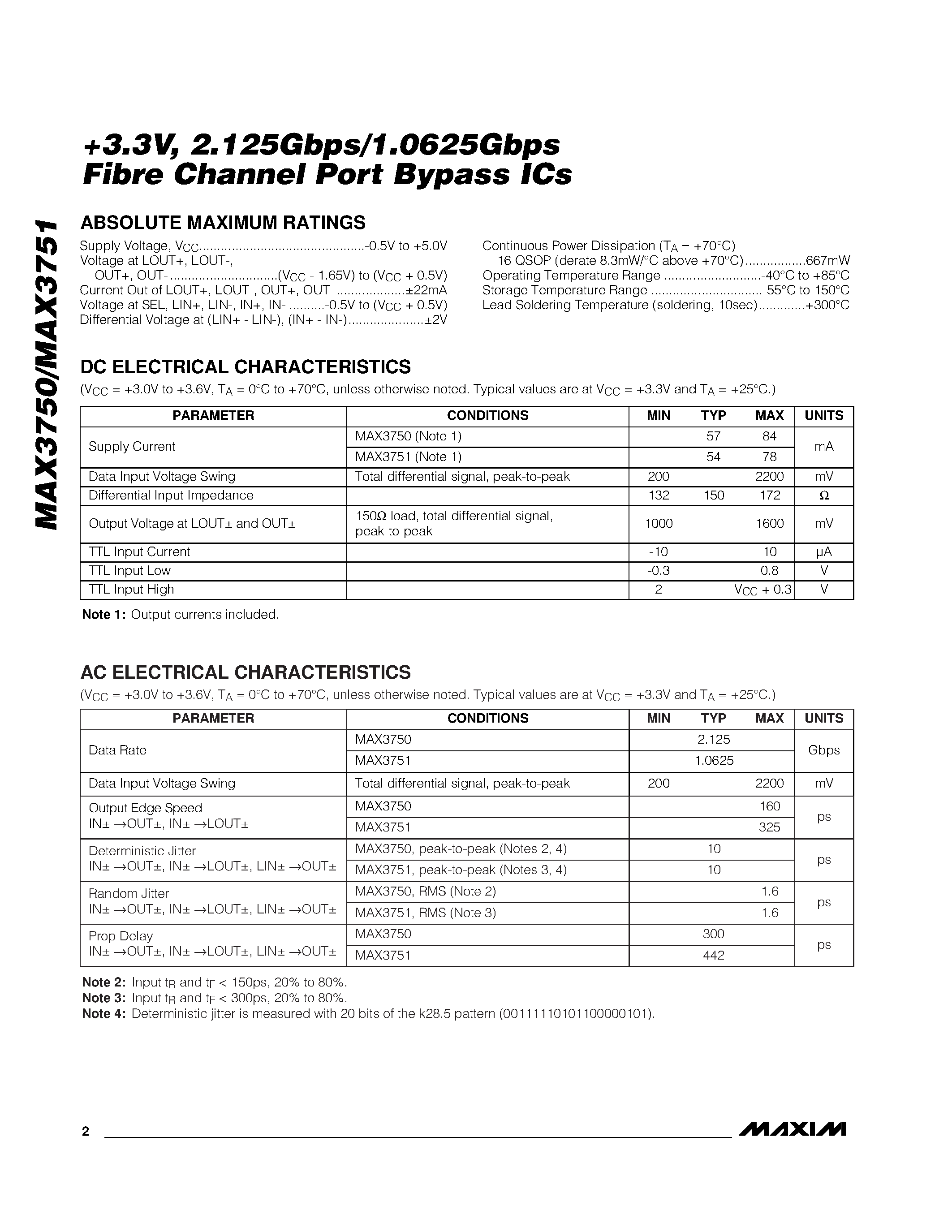 Datasheet MAX3750CEE - +3.3V / 2.125Gbps/1.0625Gbps Fibre Channel Port Bypass ICs page 2