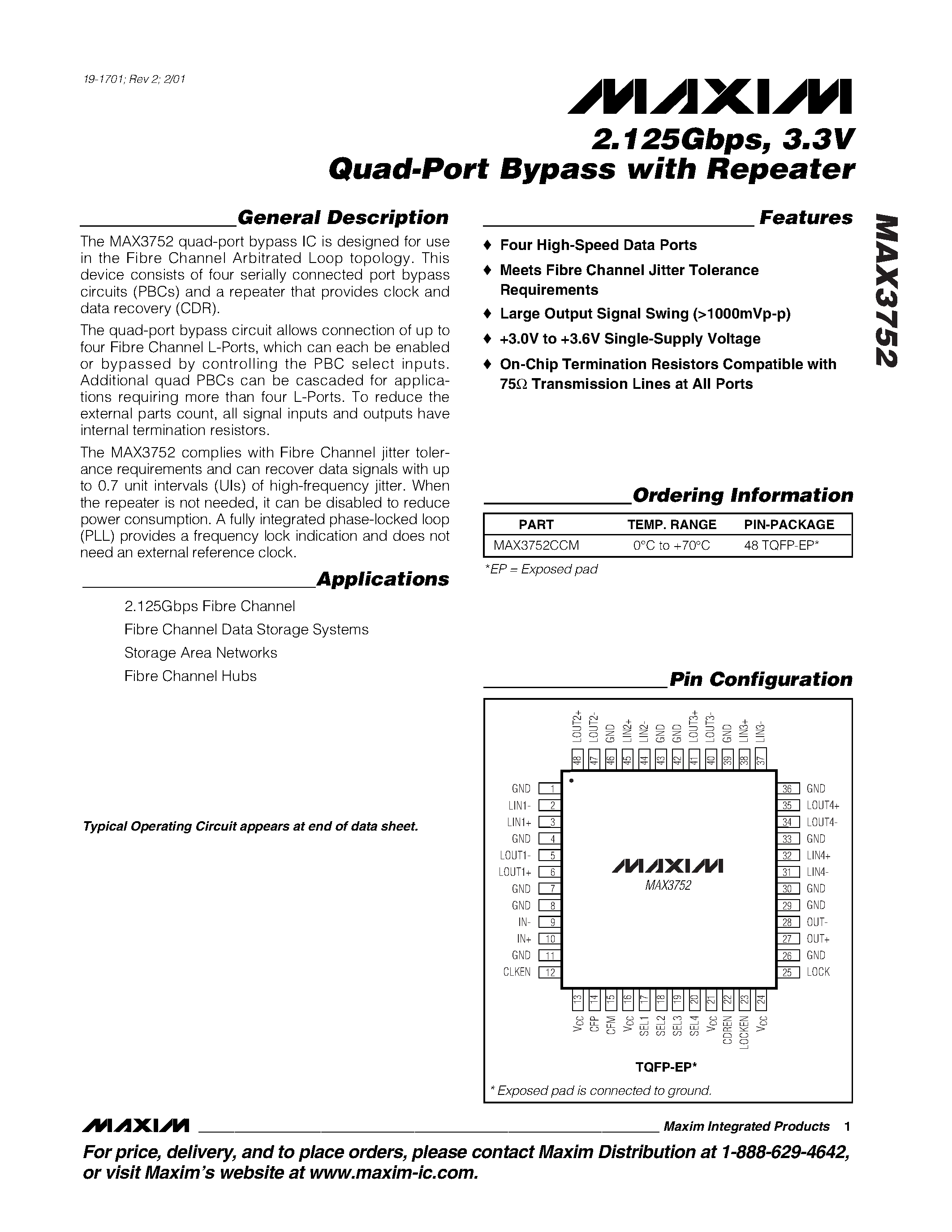 Datasheet MAX3752 - 2.125Gbps / 3.3V Quad-Port Bypass with Repeater page 1