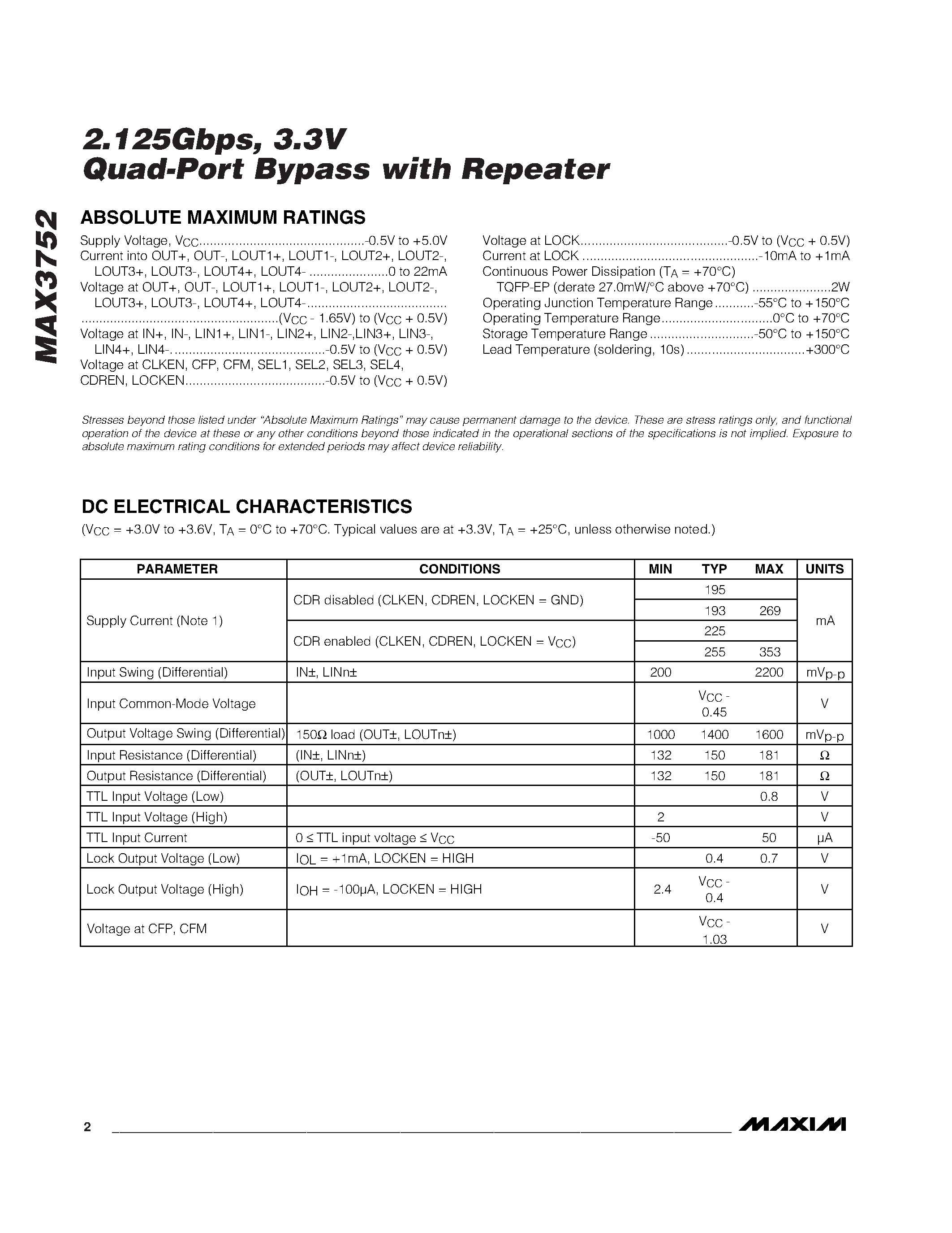 Datasheet MAX3752 - 2.125Gbps / 3.3V Quad-Port Bypass with Repeater page 2