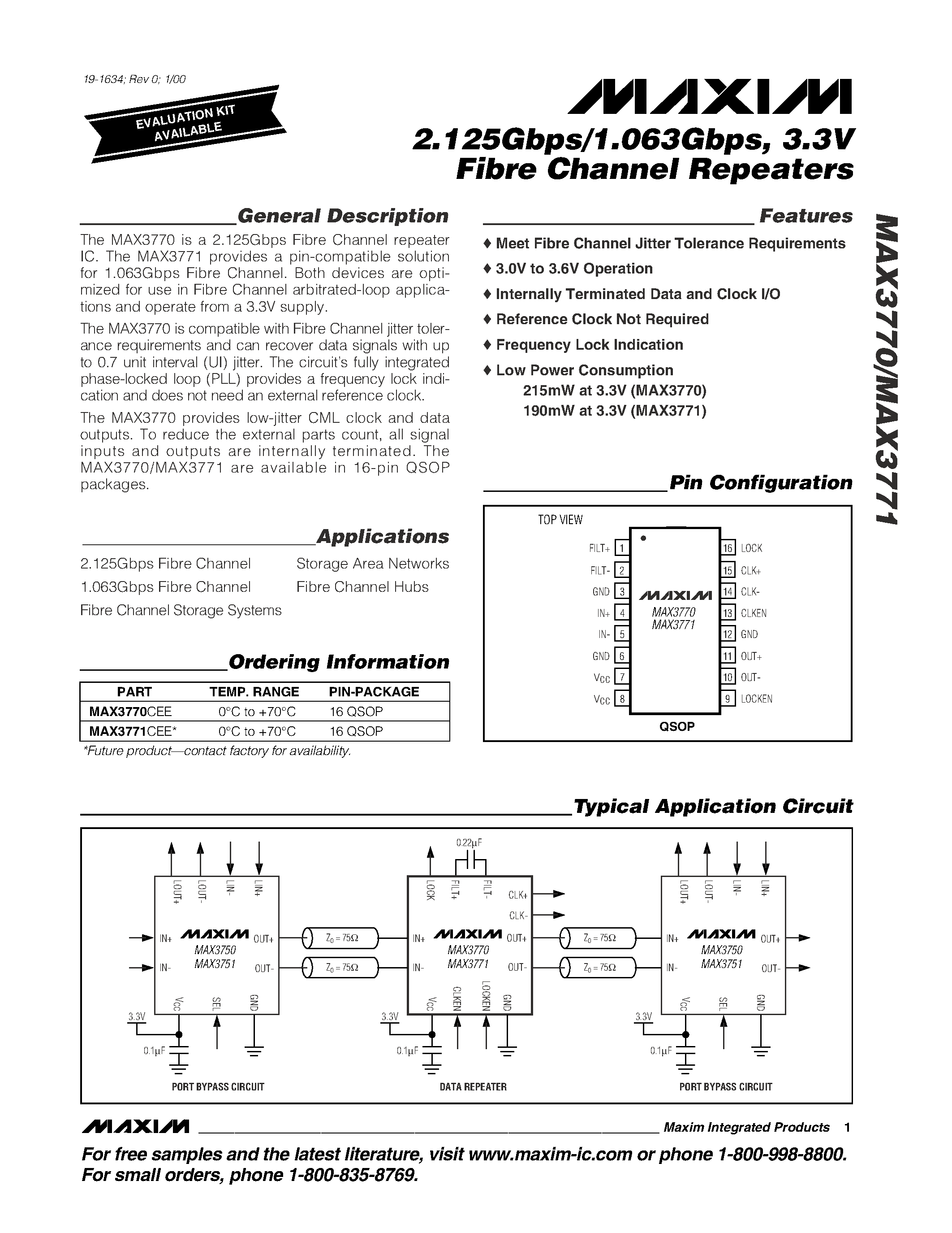 Datasheet MAX3770 - 2.125Gbps/1.063Gbps / 3.3V Fibre Channel Repeaters page 1