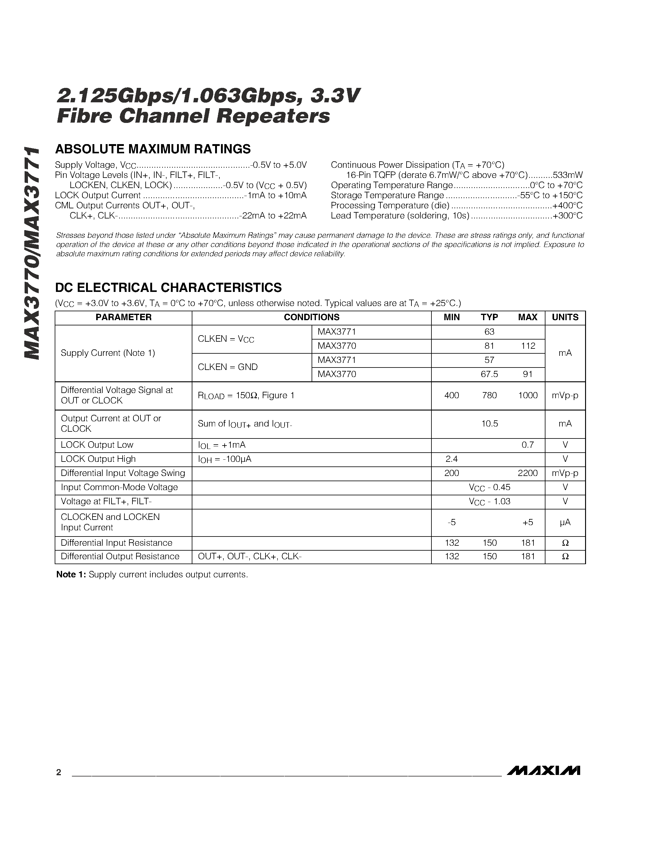 Datasheet MAX3770CEE - 2.125Gbps/1.063Gbps / 3.3V Fibre Channel Repeaters page 2