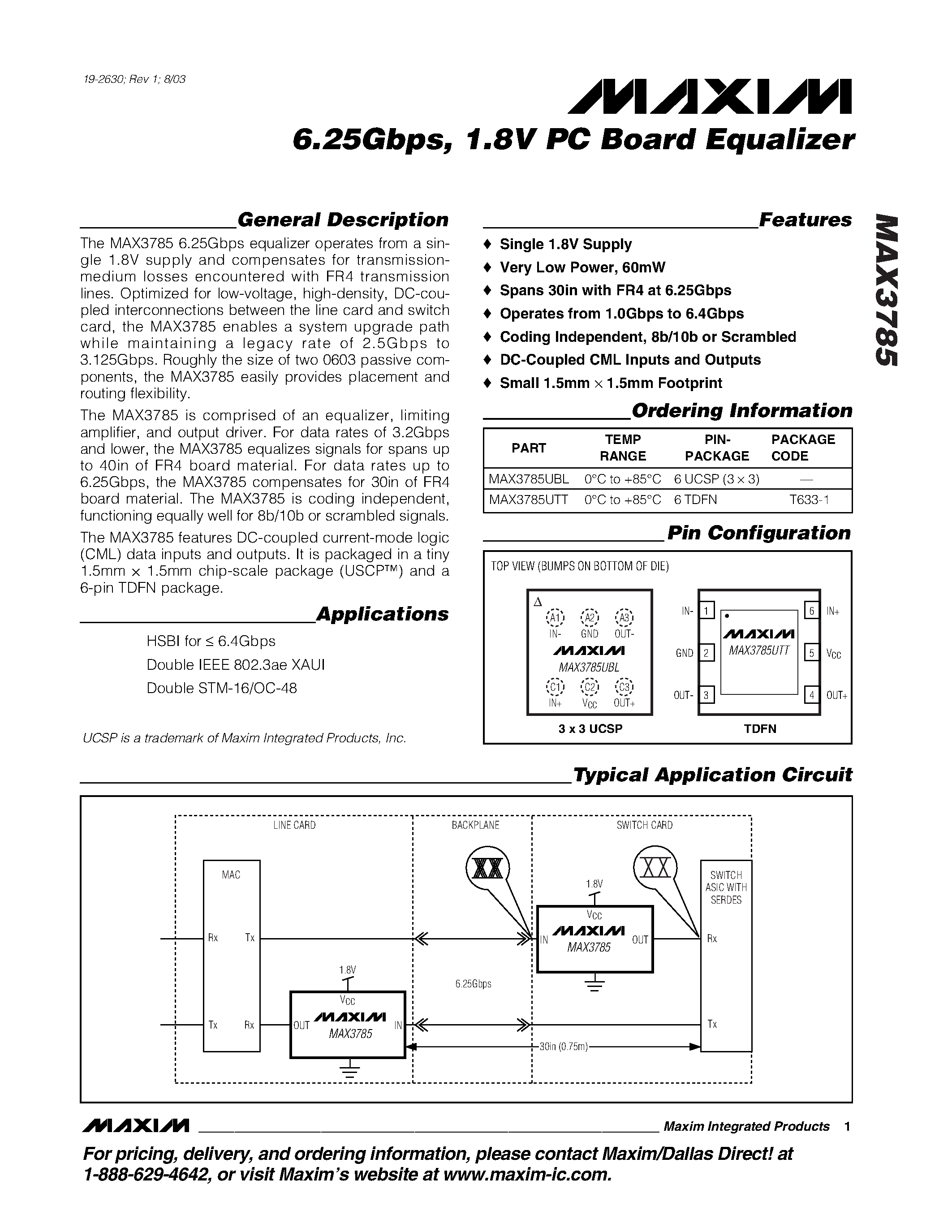 Даташит MAX3785UTT - 6.25Gbps / 1.8V PC Board Equalizer страница 1
