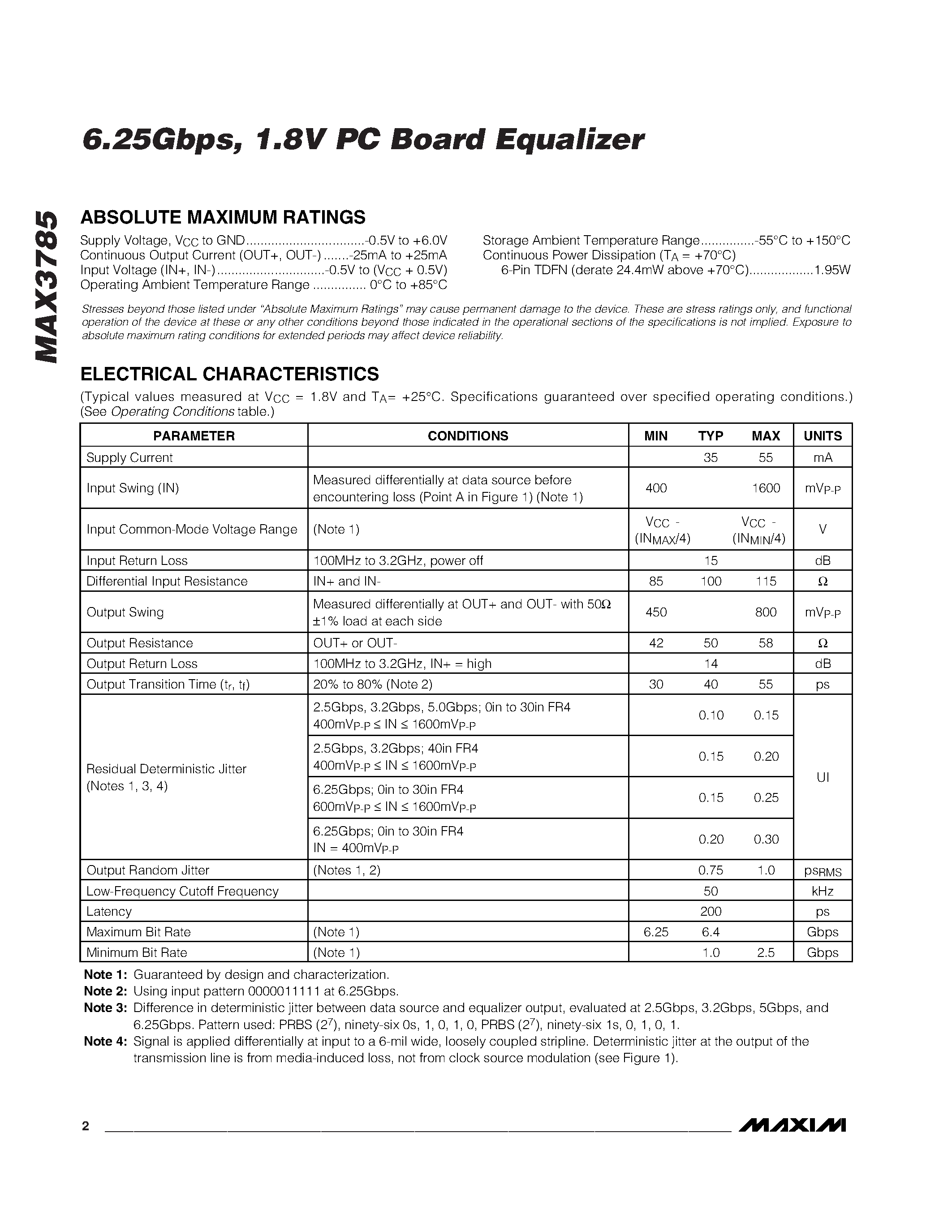 Даташит MAX3785UTT - 6.25Gbps / 1.8V PC Board Equalizer страница 2