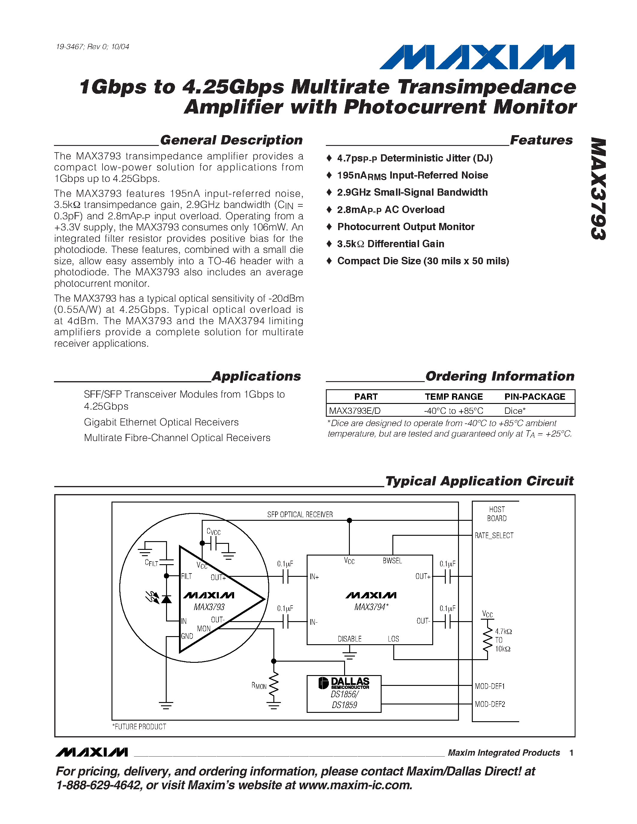 Datasheet MAX3793 - 1Gbps to 4.25Gbps Multirate Transimpedance Amplifier with Photocurrent Monitor page 1