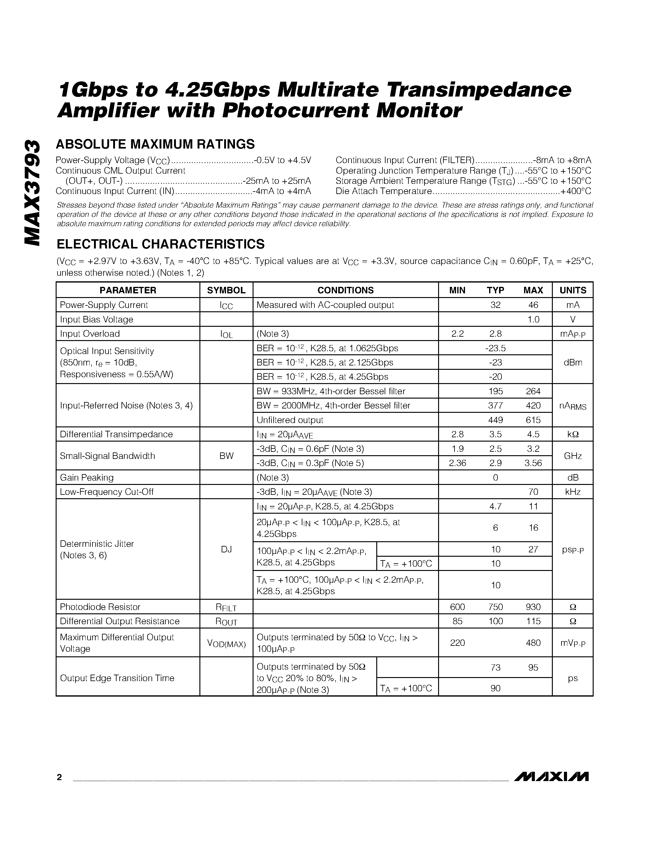 Datasheet MAX3793 - 1Gbps to 4.25Gbps Multirate Transimpedance Amplifier with Photocurrent Monitor page 2