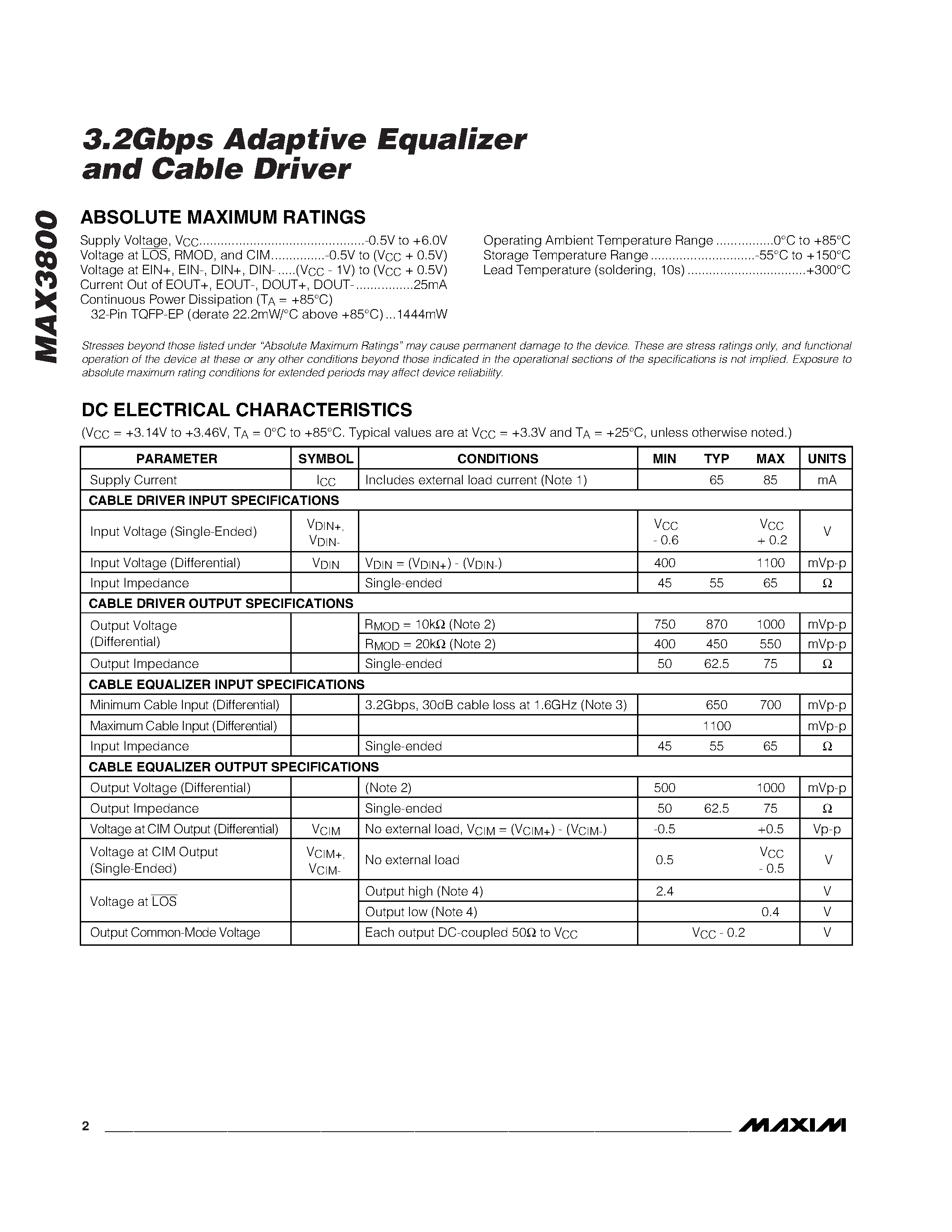 Datasheet MAX3800UGJ - 3.2Gbps Adaptive Equalizer and Cable Driver page 2