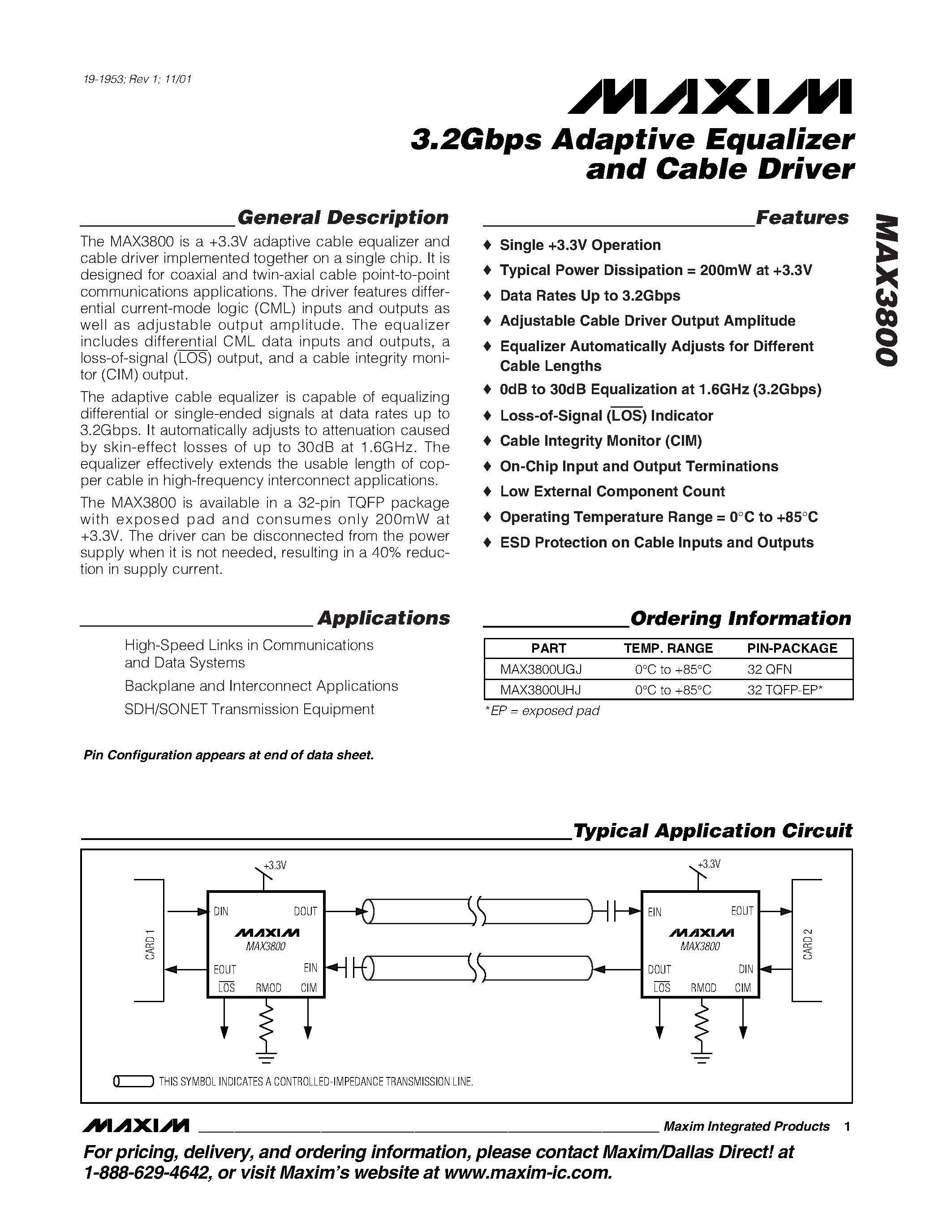 Datasheet MAX3800UHJ - 3.2Gbps Adaptive Equalizer and Cable Driver page 1