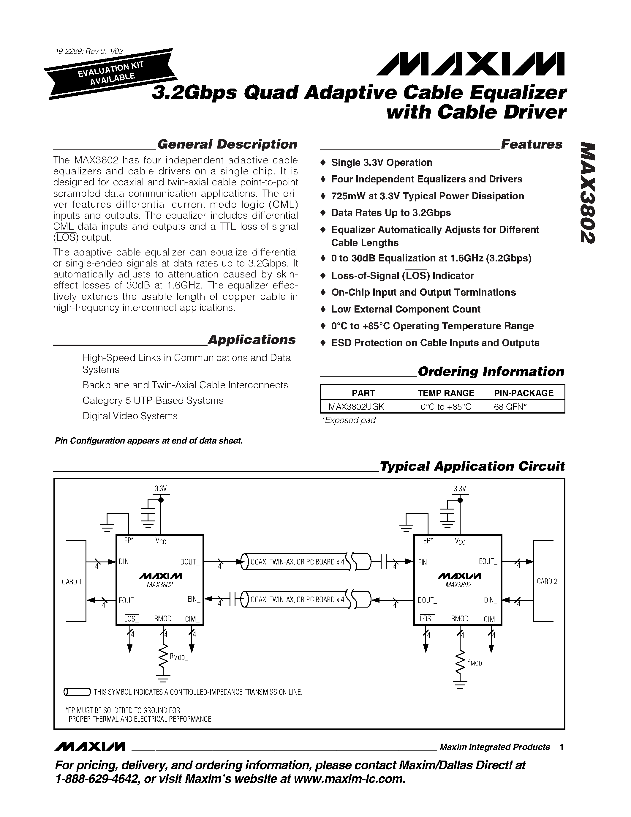 Datasheet MAX3802UGK - 3.2Gbps Quad Adaptive Cable Equalizer with Cable Driver page 1