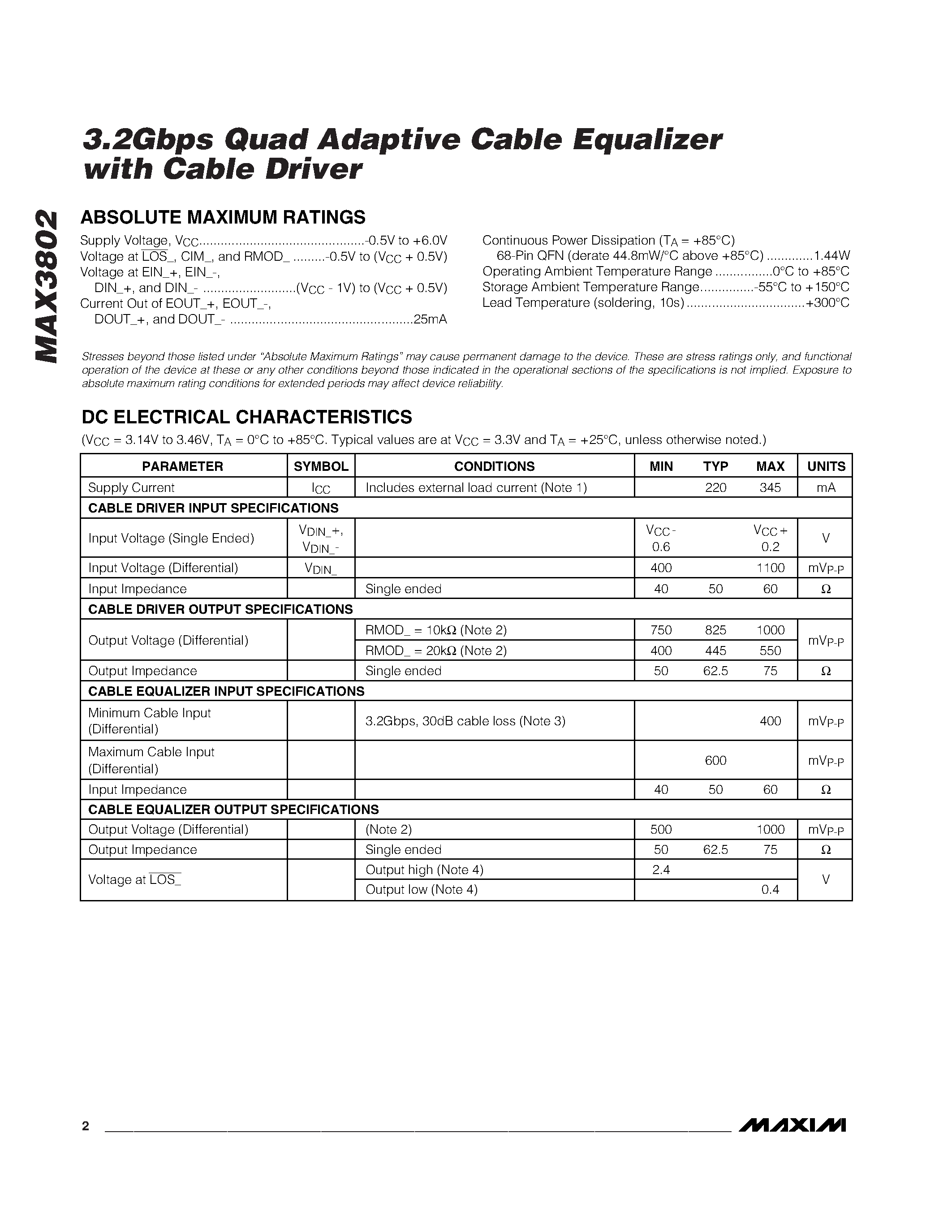 Datasheet MAX3802UGK - 3.2Gbps Quad Adaptive Cable Equalizer with Cable Driver page 2
